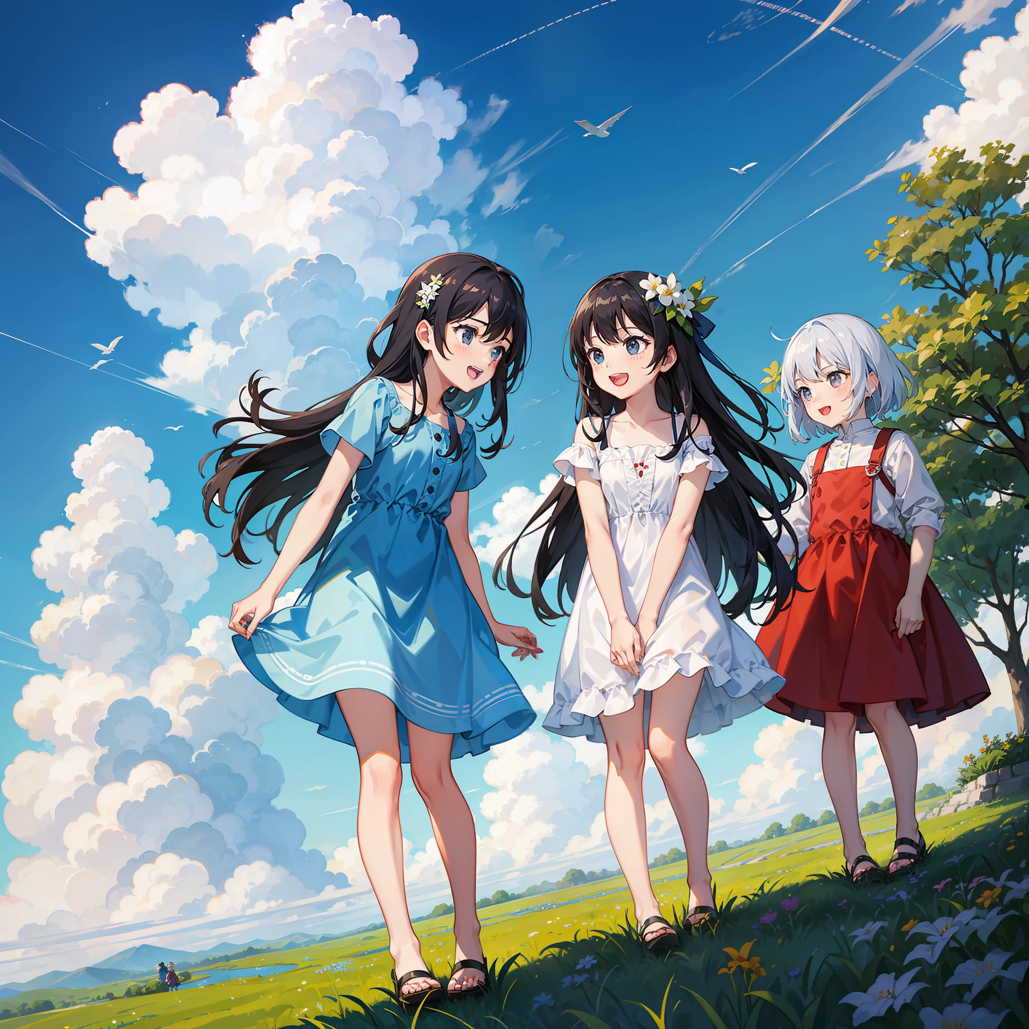 Three children play together in flower field, two girls one boy, blue sky, laugh together