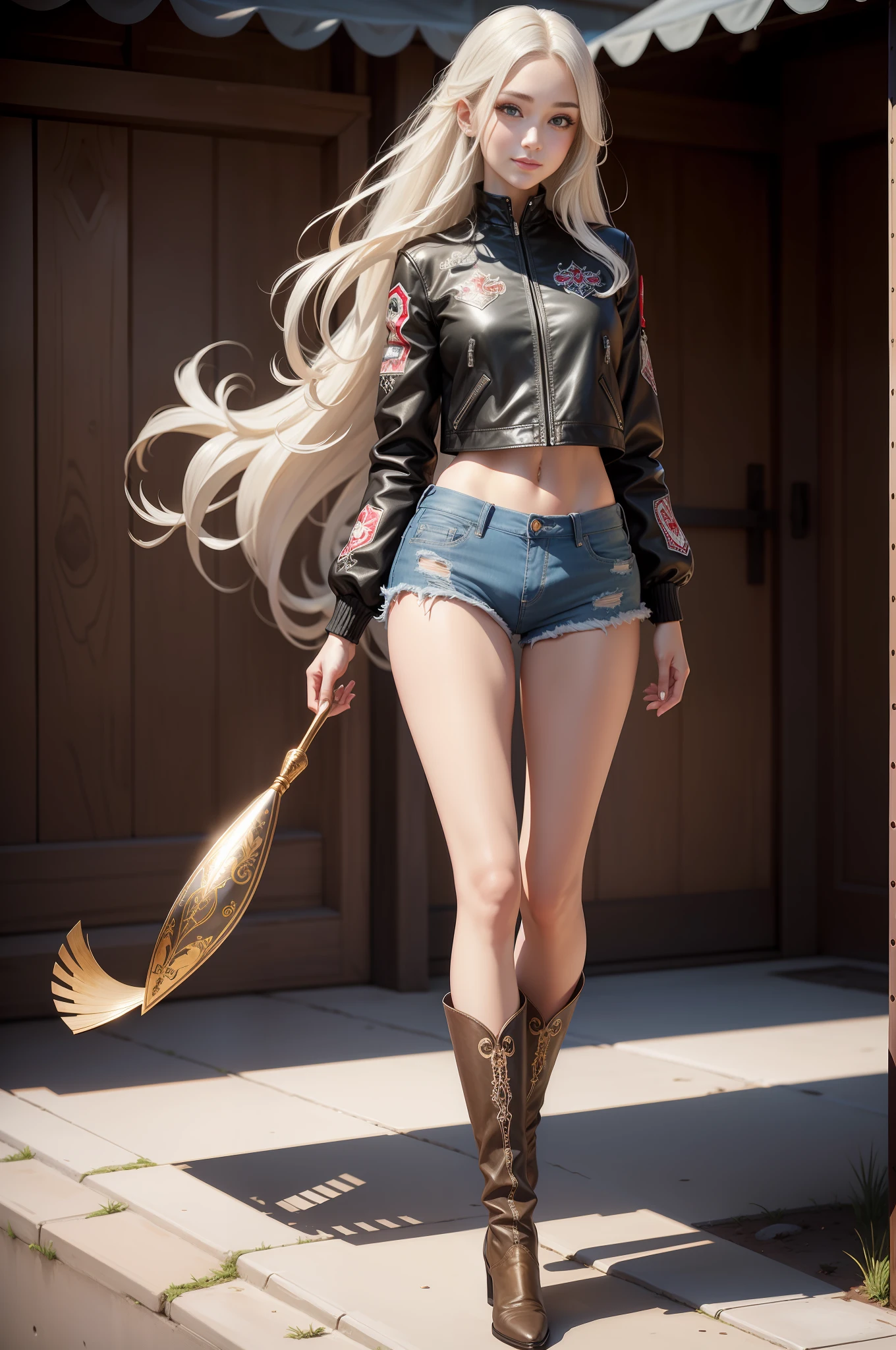 saika1, white pointed embroidered cowboy boots, black cropped leather jacket, denim shorts, full body, masterpiece, best quality, realistic, realistic, super detailed, photo, realistic, best quality, beautiful sexy woman, long hair, smile, melon seed face, perfect body ratio, tall figure, long legs, golden ratio body, beautiful appearance, beautiful big eyes, 9 head body, eye shadow.
