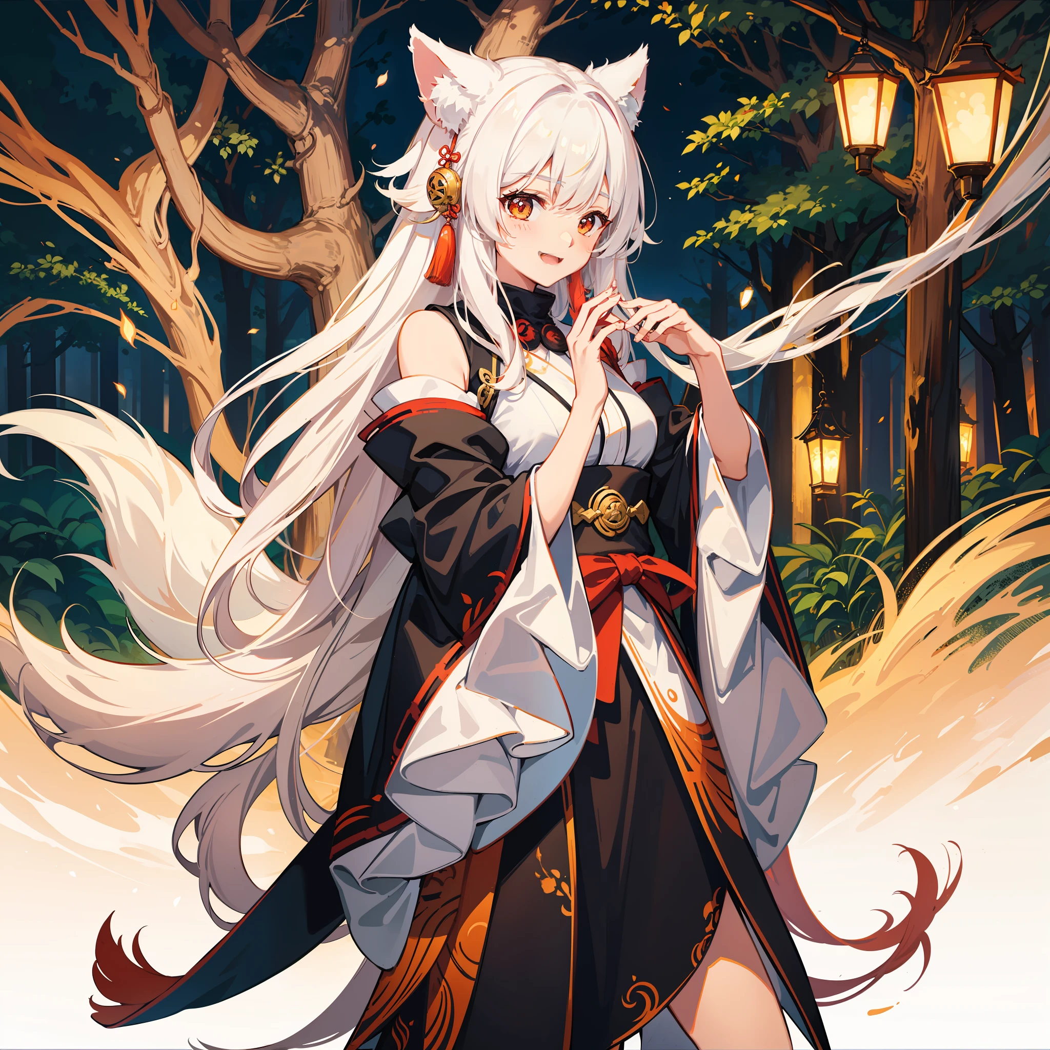 A girl, a big three tails kitsune, in the forest, laughing