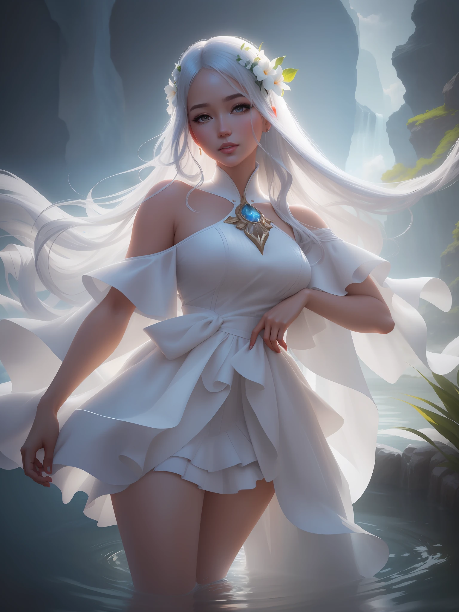 a close up of a woman in a white dress standing in water, ig model | artgerm, ! dream artgerm, artgerm on artstation pixiv, style artgerm, extremely detailed artgerm, fantasy art style, style of artgerm, wlop | artgerm, fanart best artstation, wlop art