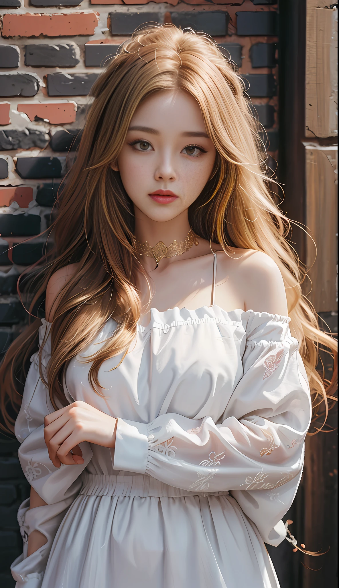 ultra realistic 8k cg, masterpiece, ((ultra detailed background, delicate pattern, intricate detail)), best quality, intricate details, chromatic aberration, 1girl, long hair, golden hair, messy hair, red highlights, hair over one eye, sharp eyes, choker, brick wall, graffiti, dim lighting, alley, oversized shirt,off shoulder, see through white shirt, Masterpiece, best quality, half bodyshoot,