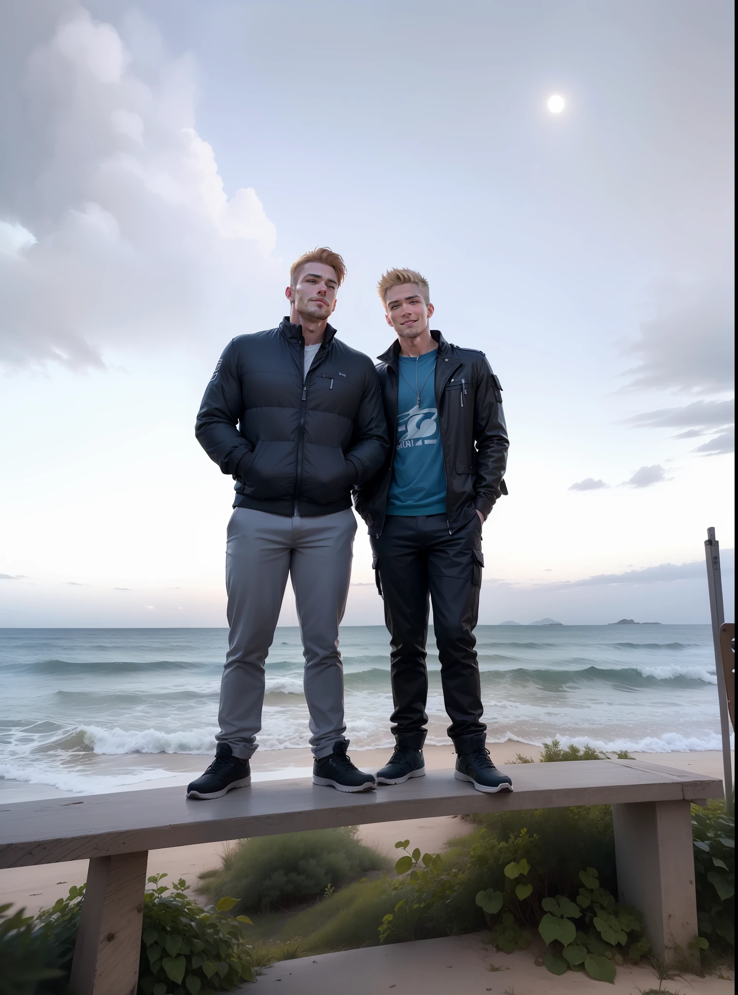 "Imagine a photo of two men on the beach, captured with a Canon EOS 5D Mark IV with an aperture of f/1.8, shutter speed of 1/200 and ISO 100. The first man is tall, with short brown hair and blue eyes, and has an athletic physique. He's smiling at the camera, with an expression of joy and relaxation. The second man is shorter, with blond hair and green eyes, and has a muscular physique. He's looking at the first man, with an expression of amusement and camaraderie. Both are shirtless, revealing their fit bodies. The scene should look as if it were captured with a high-quality DSLR camera, in an ultra-photorealistic style with intricate detail and a depth of field effect --chaos 1 --hd --ar 16:9 --iw:3 --no glasses."