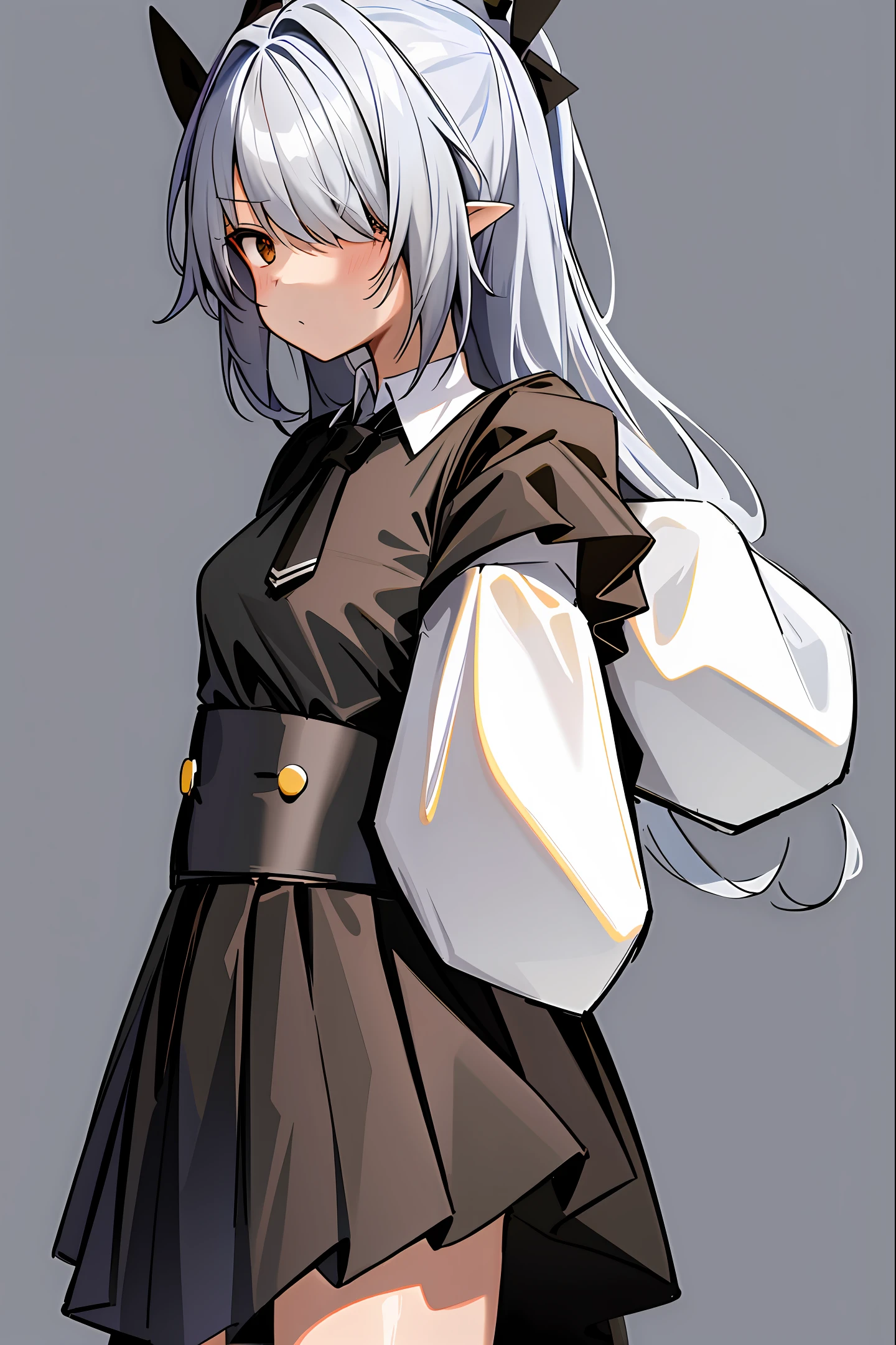 1girl,bangs,black_bow,black_pantyhose,black_skirt,blurry,blurry_background,bow,braid,brown_eyes,grey_hair,
hair_between_eyes,hair_bow,hand_up,highres,legs,
long_hair,long_sleeves,looking_at_viewer,original,(simple background:1.5),black background,pantyhose,
pleated_skirt,puffy_long_sleeves,puffy_sleeves,sailor_collar,shirt,skirt,solo,standing,white_sailor_collar,white_shirt,