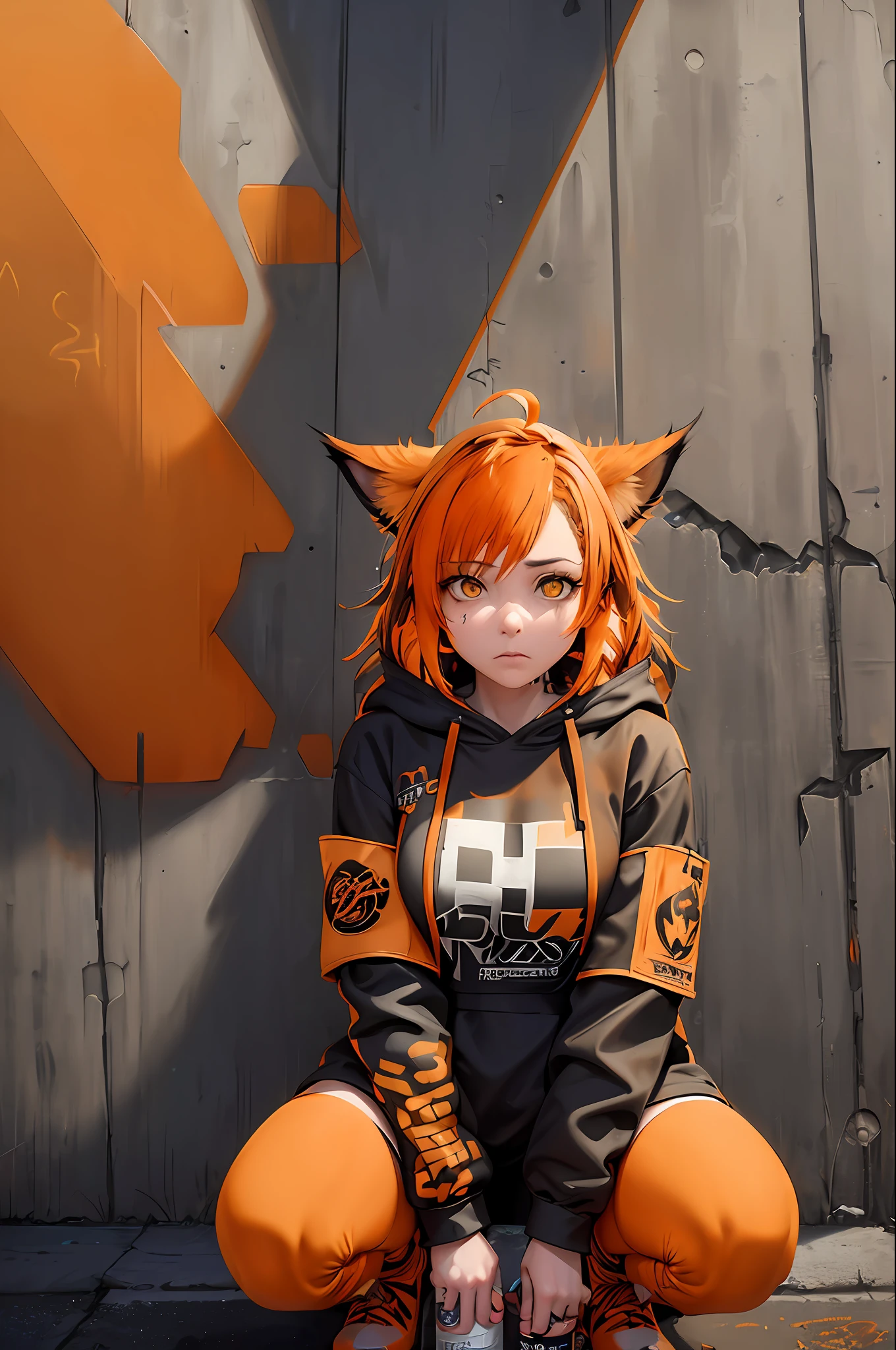 (Masterpiece: 1.2), best quality, (illustration: 1.2), (ultra-detailed), eye focus, (masterfully crafted brightness, pink lens brightness), (cinematic background), hyper details, (delicate detailed), (intricate details), octane render, hdr, (hyperdetailed: 1.15), (color))), (soft light: 1.2), 1girl, (lynx ears: 1.3), (lynx girl), (cat tail: 1.5), beautiful girl, ultra detailed eyes, mature, fat, thick, rainbow paint drops, ink teardrops, woman made of paint, entirely paint, splat, splash, (out), (bob cut: 1.5), (bright eyes: 1.2), ((makeup)), (cinematic masterpiece), fierce, powerful, absolutely attractive splashes of color, (cinematic headlight), (realistic lighting of heels: 1.2), ((caustic)), dynamic angle, beautiful detailed brightness, ambient occlusion, ambient light, raytraced reflections, (better lighting, an extremely delicate and beautiful light), ((cinematic light)), (soft: 2), (whimsical:2) , intricate, vibrant, dreamscape, (graffiti painting:1.3), (bright tail), (painted cityscape), (urban),(realistic urban fashion), (expressive:1.2), fitness, athletic, (mirrored world), (long black hair, fluid:1.1), wavy, voluminous and messy hair, (orange hair highlights),(Cyberpunk Techwear Japanese Streetwear Longline Hoodie),(Cyberpunk Streetwear Kanji Joggers), bright headphones, cap, (graphite wall), unfinished graffiti, ghetto,(looking at the wall:2),black hoodie, (back wall present),(holding spraycan:1.3), (colored mist), buckles, belts, straps, a girl in front of a graffiti wall, cyberpunk art, (by LAM), Mika Pikazo, graffiti, techwear jacket, black gloves, with buckle and duct tape, (orange hair:2), shirtless, orange pants glued