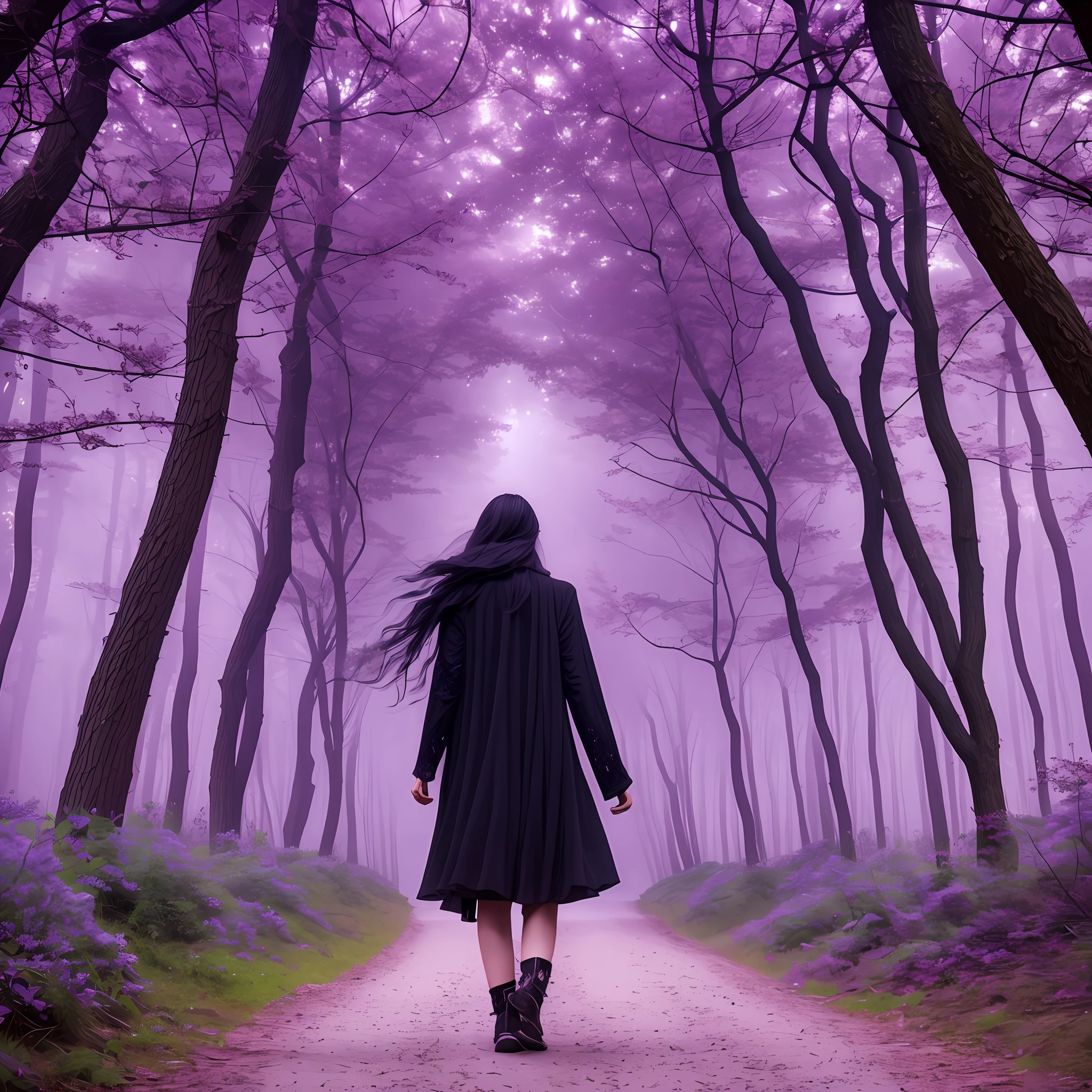 Woman walking on her back on a trail at night, with fog and shadows, wavy and long black hair, high quality, ultra-detailed, 8k, masterpiece, (volumetric lighting), black magic, fanciful, lilac colors, purple, shadows and vivids in the woman's back. --auto --s2