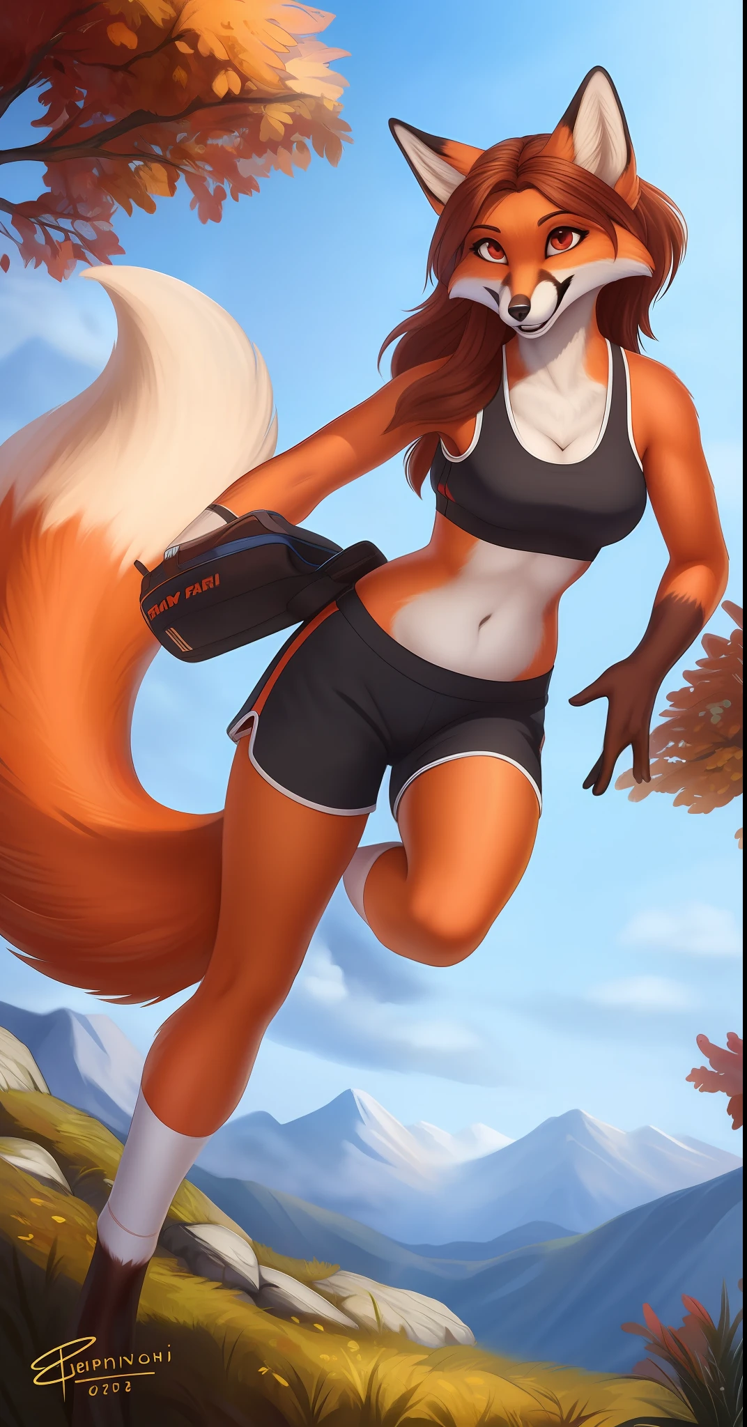 A beautiful and detailed portrait of a woman ((fox)), (fluffy detailed fur)), shorts, sports bra, excitement, (path), mountains, trees, clouds, fox Honovi Hioshiru personalami, (smile), happy, black clothes, orange hands, orange fur, orange body, solo, medium breasts, teeth, orange tail, red eyes, long brown hair, looking at the audience, colorful body