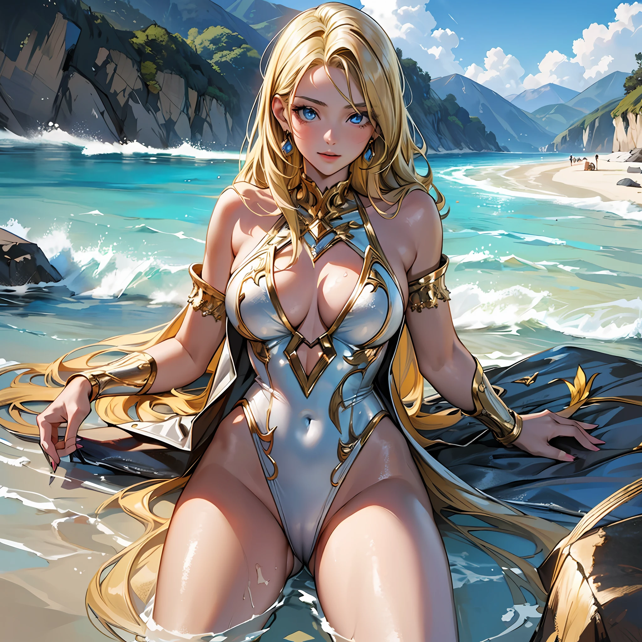 (8k), (best quality), (masterpiece: 1.2), (realistic), (photorealistic: 1.37), ultra detailed, one girl, viewer is watching, full body, 25 years old, blonde, leotard swimsuit, pretty nails, private beach