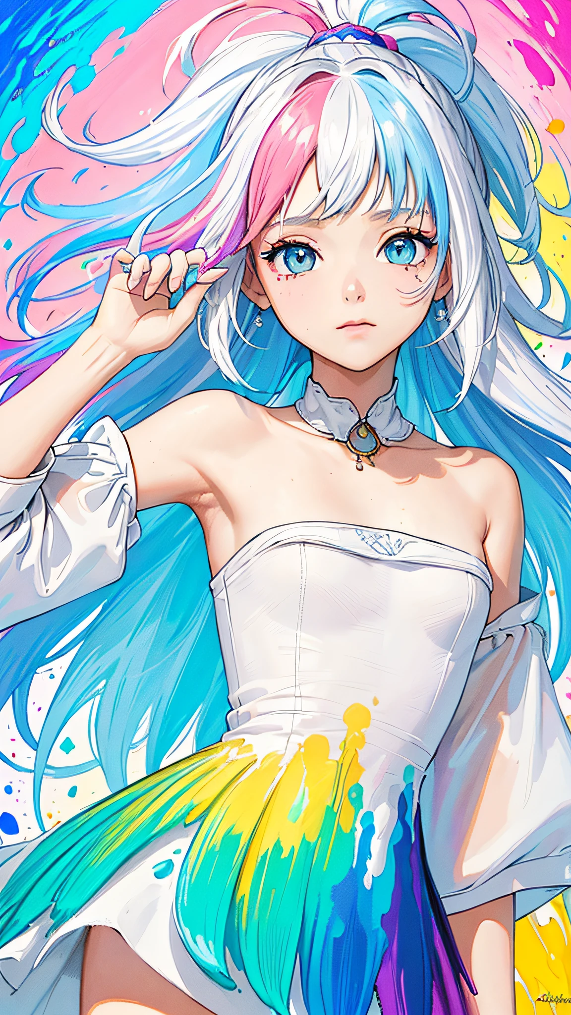 (Pink Fashion T-shirt:1.9),(Colorful hair: 1.8), (all the colours of the rainbow: 1.8),(((((vertical painting:1.6))), (painting:1.6),front, comics, illustrations, paintings, large eyes, crystal clear eyes,( rainbow color gradient high ponytail:1.7), exquisite makeup, closed mouth,(Small Fresh: 1.5),(Wipe Chest: 1.6) ,long eyelashes, white off shoulder T-shirt, White Shoulder Shirt,looking at the audience, large watery eyes, (rainbow colored hair:1.6), color splash, (solo:1.8), color splash, color explosion, thick paint style, messy lines, ((shining)),(colorful), (colorful), (colorful), colorful, Thick Paint Style, (Splash) (Color Splash), Vertical Painting, Upper Body, Paint Splash, Acrylic Pigment, Gradient, Paint, Highest Image Quality, Highest Quality, Masterpiece, Solo, Depth of Field, Face Paint, colorful clothes, (Elegant: 1.2), gorgeous,long hair, wind, (Elegant: 1.3), (Petals: 1.4),(((masterpiece))),(((best quality))),((ultra-detailed)),(illustration),(dynamic angle),((floating)),(paint),((disheveled hair)),(solo),(1girl) , (((detailed anima face))),((beautiful detailed face)),collar,bare shoulders,white hair, ((colorful hair)),((streaked hair)),beautiful detailed eyes,(Gradient color eyes),(((colorful eyes))),(((colorful background))),(((high saturation))),(((surrounded by colorful splashes))),