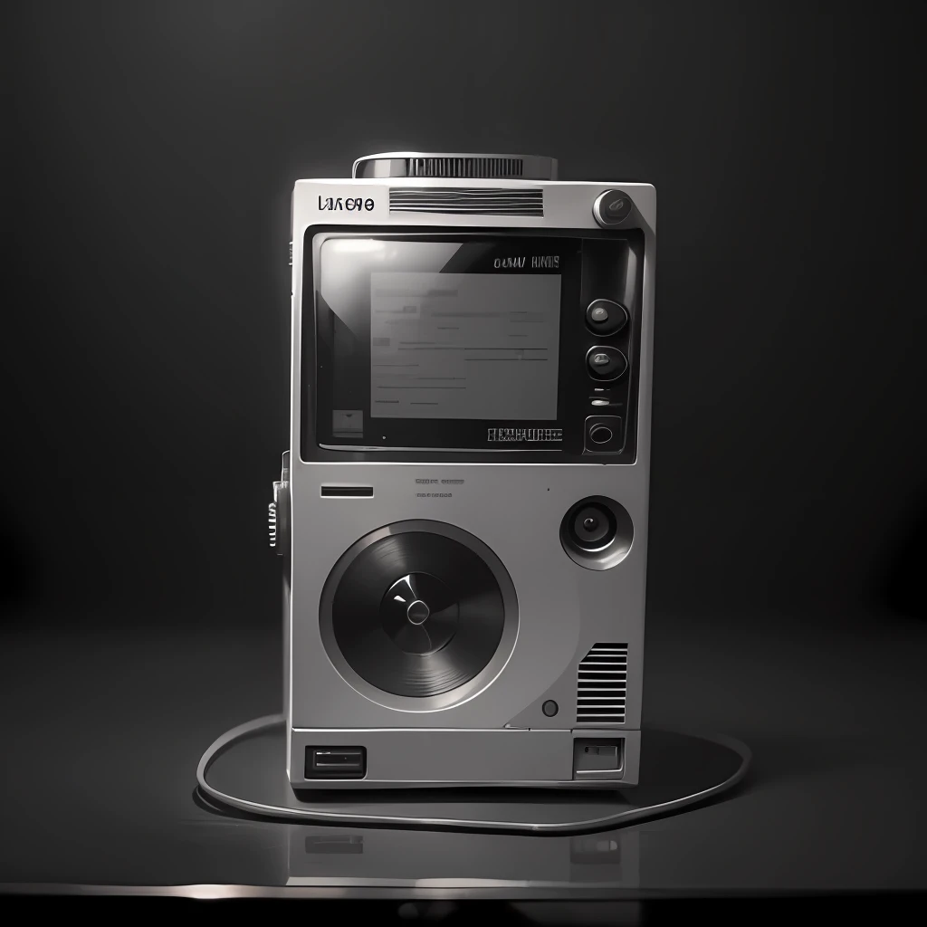 Antique 1980s walkman on a black and white background, retro futurism