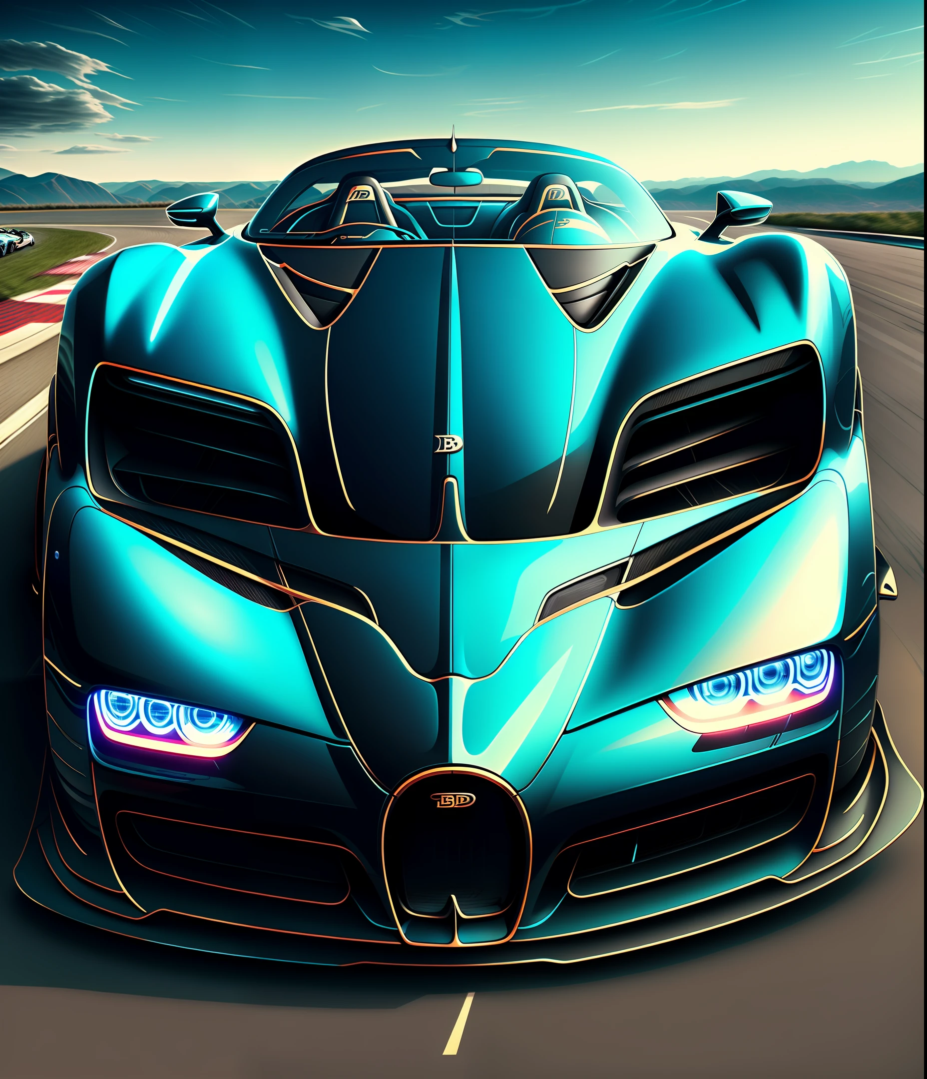 Bugatti High-end luxury, dynamic, extreme speed, unique temperament, retro style, modern fashion, avant-garde design, deep black, cool blue, visual impact, super sports car, streamlined body, full of horsepower, dazzling lights, sports car culture, top driving experience, sculptural body shape, sexy aesthetic design, amazing creativity, excellent quality