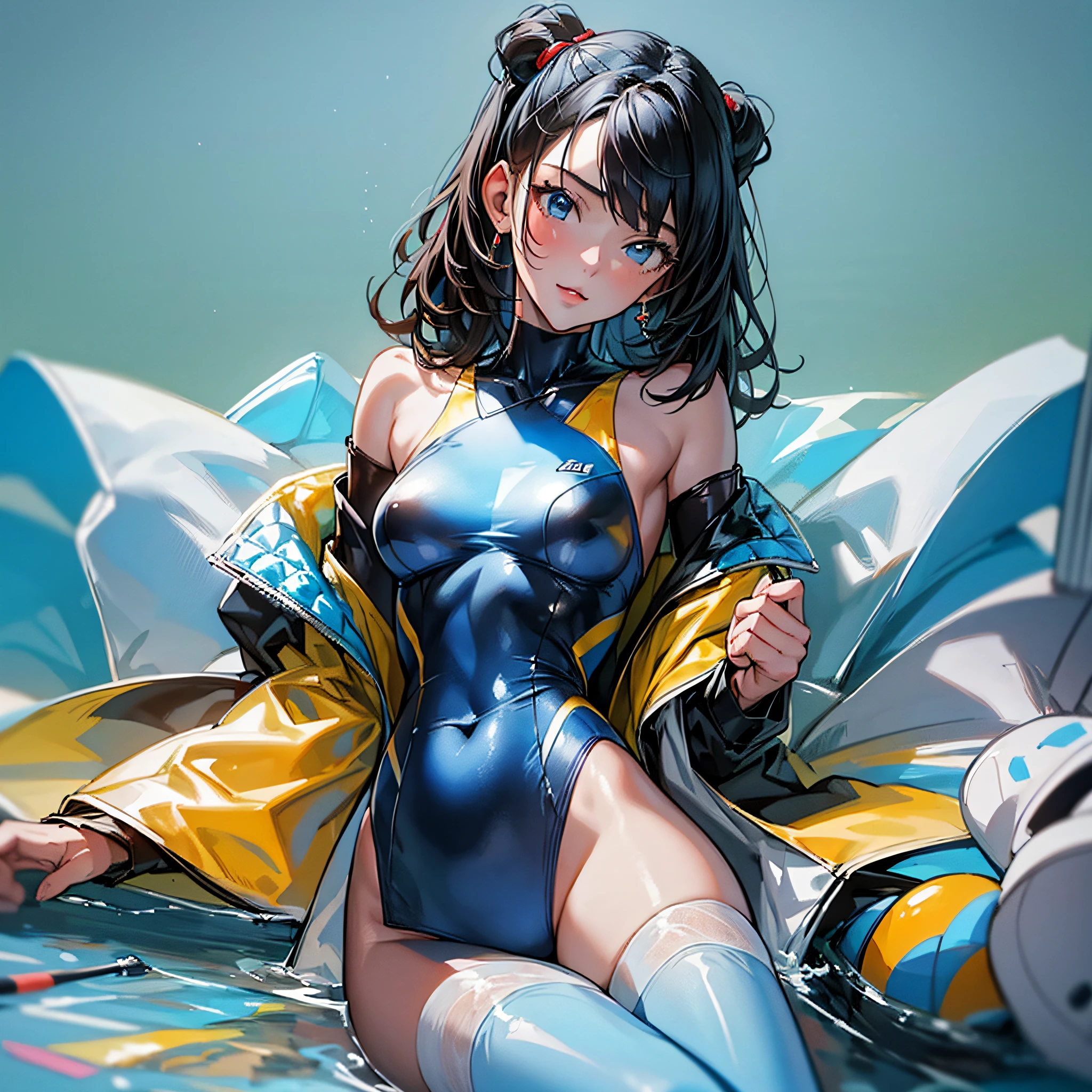 (8k), (best quality), (masterpiece: 1.2), (realistic), (photorealistic: 1.37), super detailed, one girl, viewer is watching, full body, 25 years old, light blue and gradient one-piece swimsuit with red and yellow