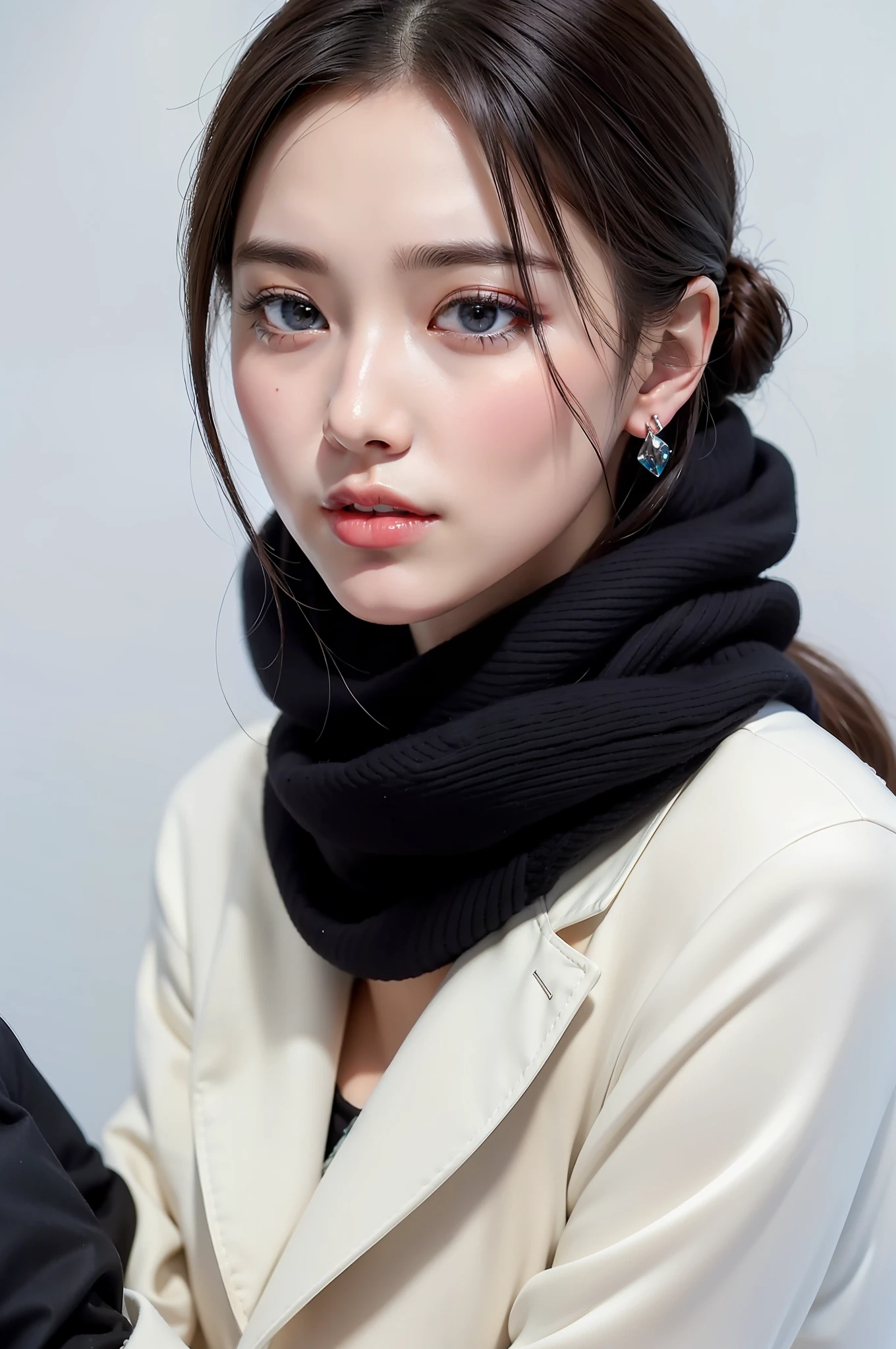 (Close-up: 1.4),
(RAW Photos: 1.2), (Photorealistic: 1.4), (Masterpieces: 1.3), (Best Quality: 1.4), Dreamy, (Detailed Eyes), (Detailed Facial Features), (Detailed Clothing Features), Skin Tightness, (Shiny Skin), (Slender Girls), Big Breasts, (Slim Girls), 1 Girl, (Full Body)), Solo, Cute, Smry, Bangs, Straight Hair, beginner hair, black hair, black eyes, crystal pendants, long blue scarf, white long wool coat, black thick pantyhose, brown snow boots,