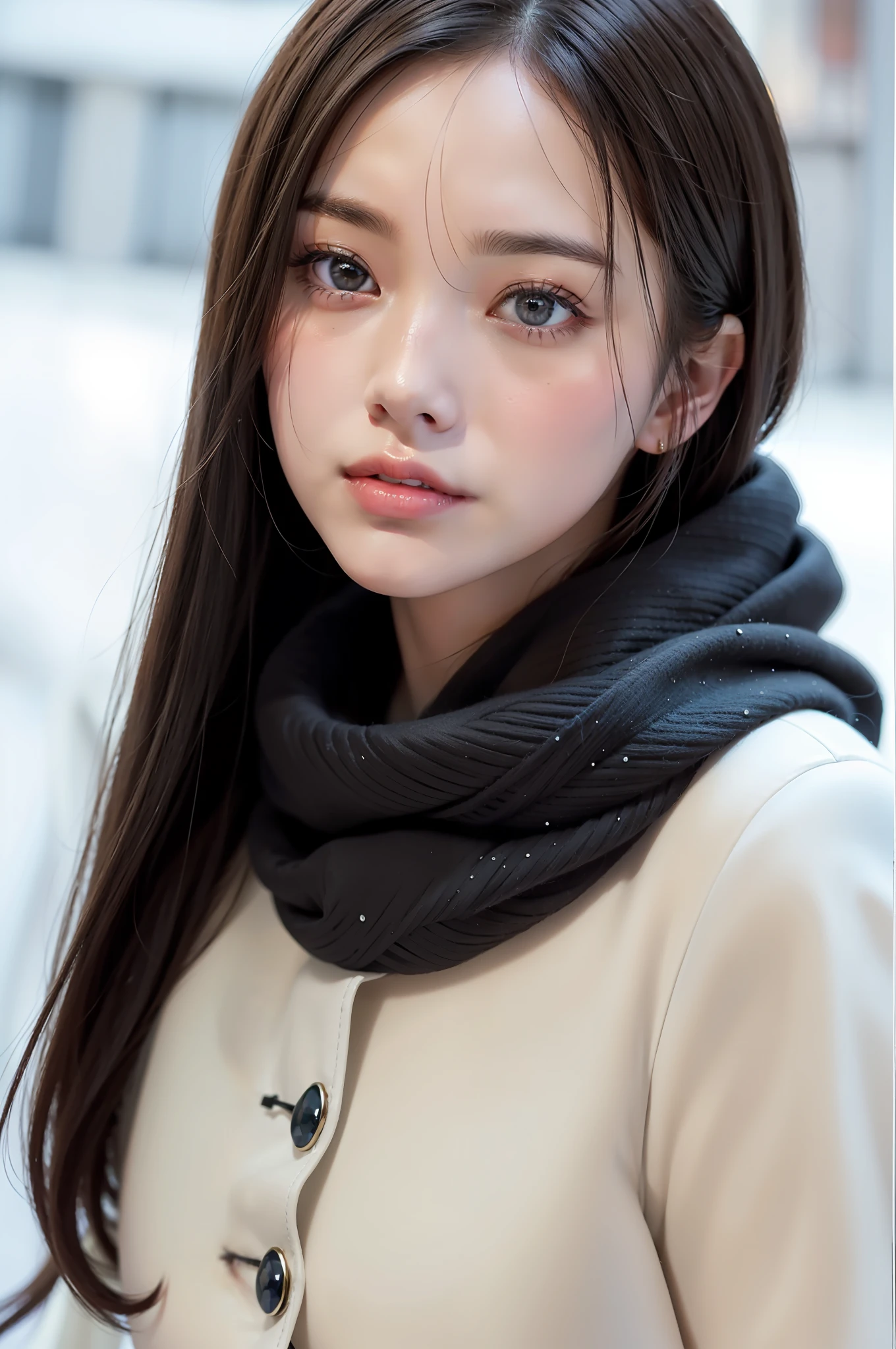 (Close-up: 1.4),
(RAW Photos: 1.2), (Photorealistic: 1.4), (Masterpieces: 1.3), (Best Quality: 1.4), Dreamy, (Detailed Eyes), (Detailed Facial Features), (Detailed Clothing Features), Skin Tightness, (Shiny Skin), (Slender Girls), Big Breasts, (Slim Girls), 1 Girl, (Full Body)), Solo, Cute, Smry, Bangs, Straight Hair, beginner hair, black hair, black eyes, crystal pendants, long blue scarf, white long wool coat, black thick pantyhose, brown snow boots,