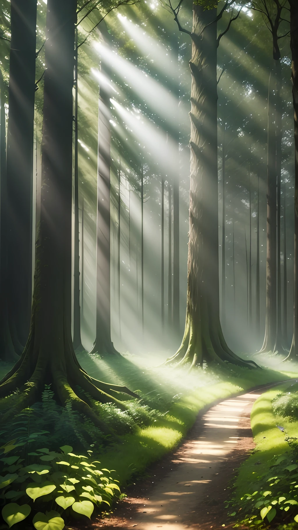 Generate a realistic 4K image in 9:16 format of an enchanted forest, with tall, leafy trees that filter sunlight, creating beautiful shadow patterns on the ground. Add some gentle rays of sunshine penetrating through the leaves to evoke a sense of magic and mystery. --auto --s2