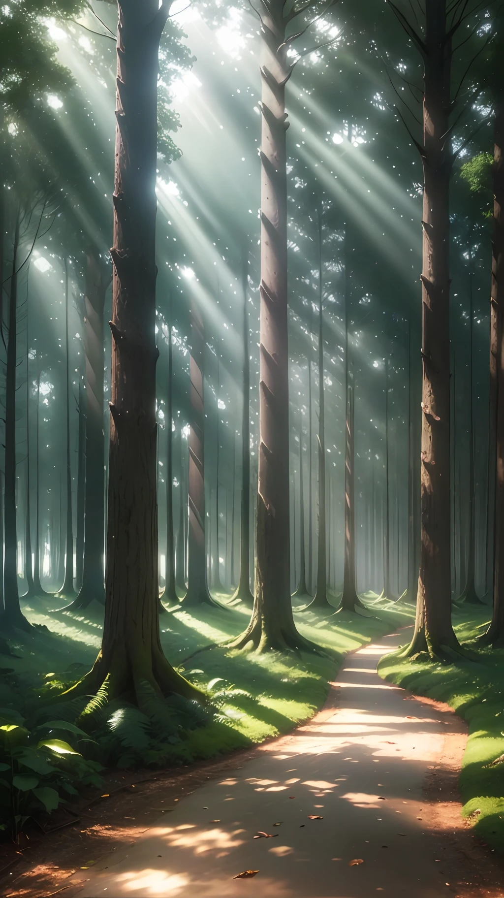 Generate a realistic 4K image in 9:16 format of an enchanted forest, with tall, leafy trees that filter sunlight, creating beautiful shadow patterns on the ground. Add some gentle rays of sunshine penetrating through the leaves to evoke a sense of magic and mystery. --auto --s2