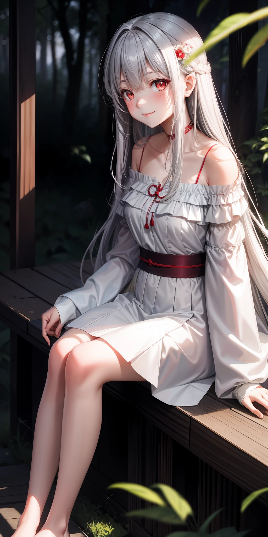 anime, single girl, gray hair, long hair, red eyes, upward eyes, blush, japanese room, sitting, white dress, off shoulder, in the woods, smiling