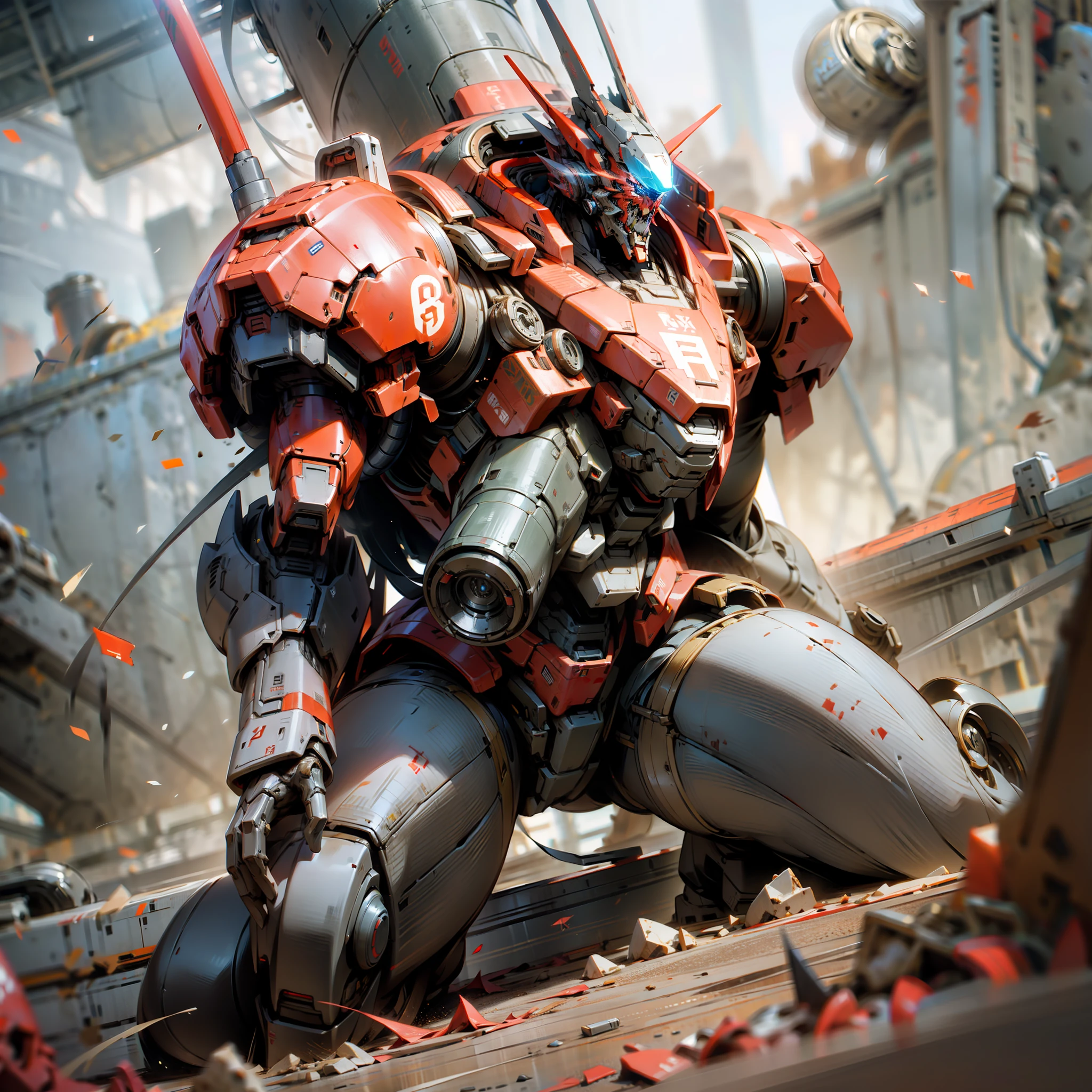 a giant Soviet mecha in action pose, close top view, PEELING RED PAINT AND BATTLE MARKS, dark FANTASY, OCTANE RENDER, SCIFI MOVIE SCENE, DRAMATIC LIGHTING, DIGITAL PAINTING, 4K, 8K, UNREAL ENGINE
