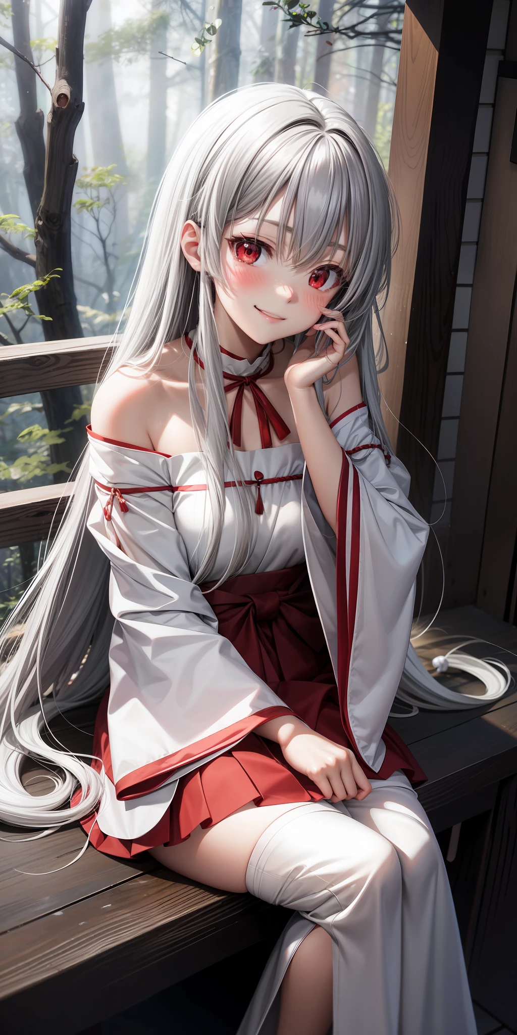 anime, single girl, gray hair, long hair, red eyes, upward eyes, blush, japanese room, sitting, white dress, off shoulder, in the woods, smiling