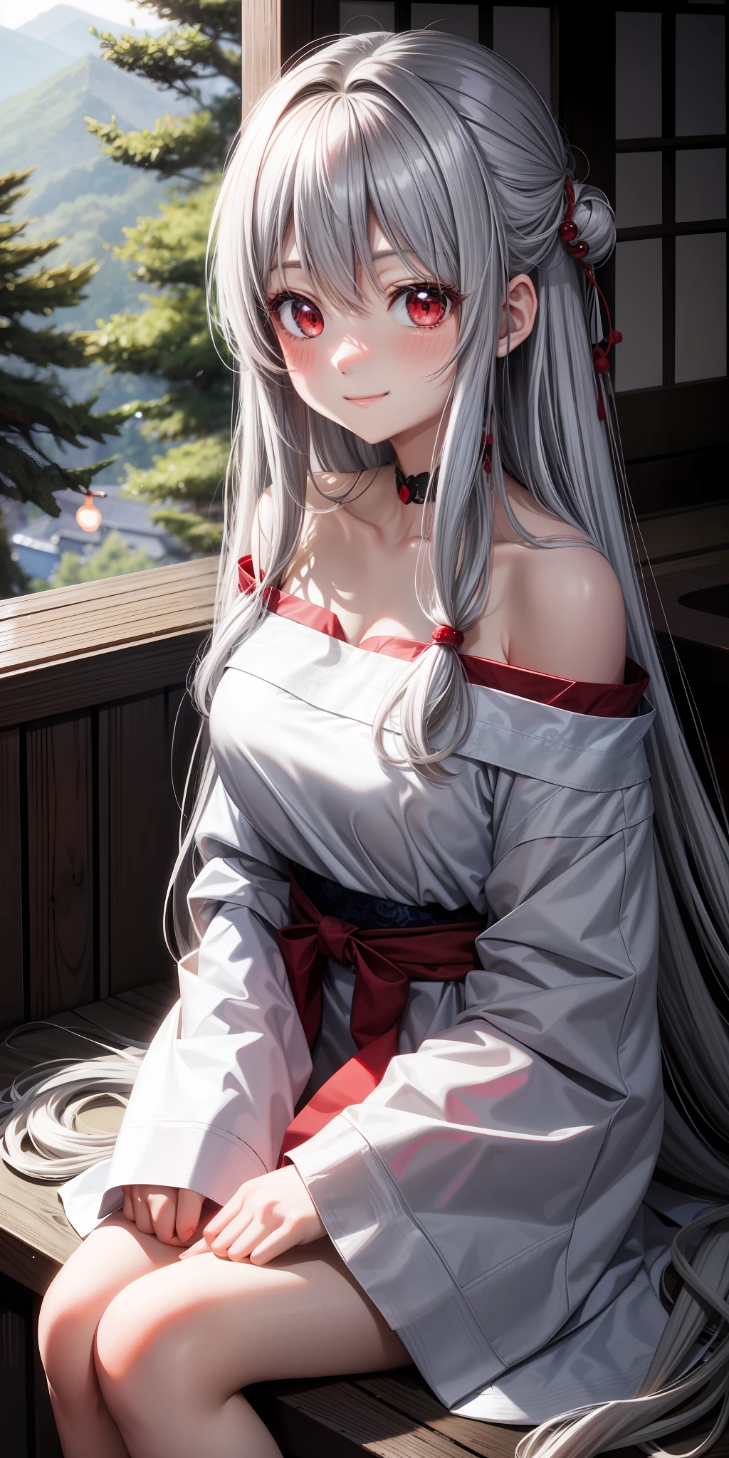 anime, single girl, gray hair, long hair, red eyes, upward eyes, blush, japanese room, sitting, white dress, off shoulder, in the woods, smiling