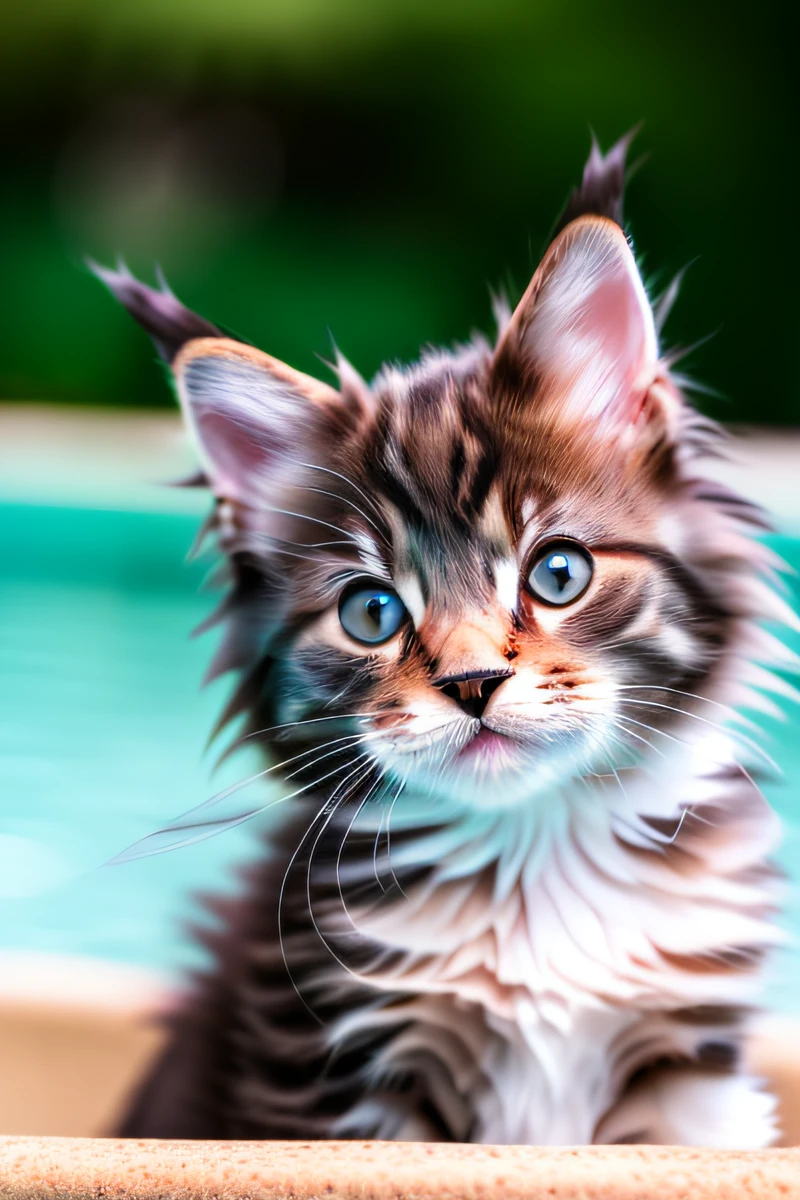 Hyper Quality,Cute Maine Coon cat kitten,swimming in the pool,barking,narrow eyes,smile,eos r3 28mm