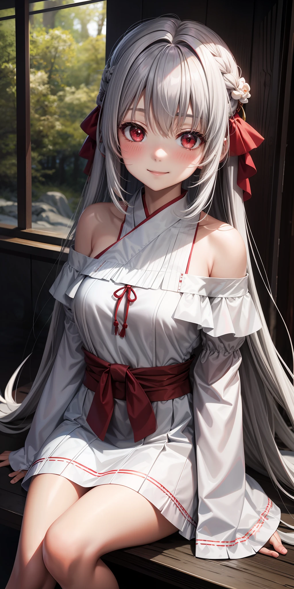 anime, single girl, gray hair, long hair, red eyes, upward eyes, blush, japanese room, sitting, white dress, off shoulder, in the woods, smiling