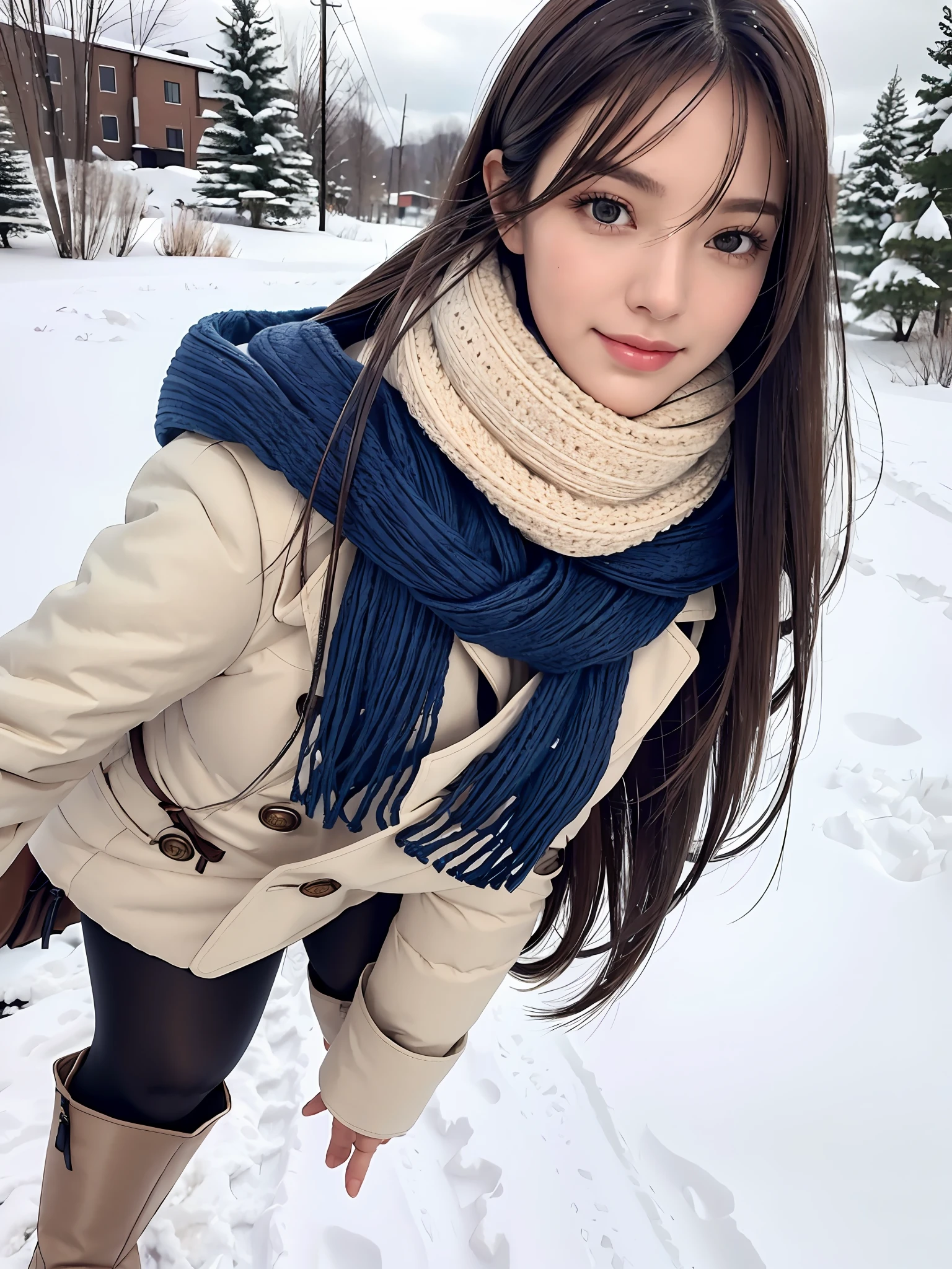 (close-up:1.4),
(RAW photo:1.2), (photorealistic:1.4),(masterpiece:1.3),(best quality:1.4), dreamlike, (detailed eyes),(detailed facial features), (detailed clothes features), skin tight, (shiny skin),(slender girl),(slim girl), 1girl, ((full body)),solo, cute,smlie,(medium breasts), bangs, straight hair, long hair, black hair, black eyes, crystal pendant, Long blue scarf,White long wool coat,Black thick pantyhose,Brown snow boots,