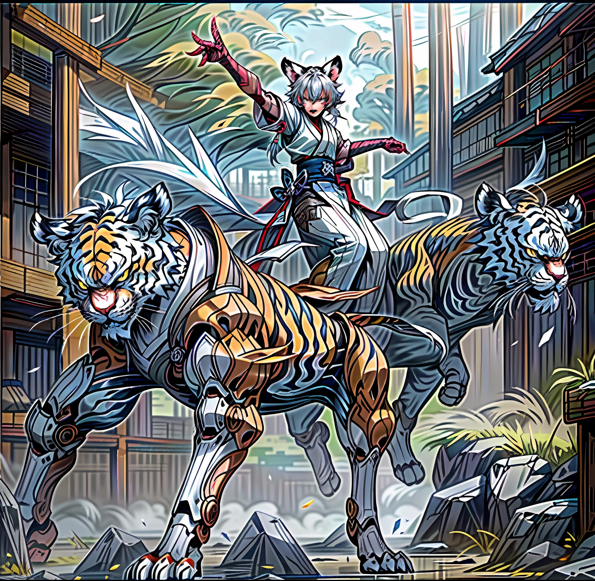 (anime:1.5, sword:0.8, tiger:1.2), (a wizard:0.6 fighting, tiger_beast), (white tiger:1.3, from Rurouni Kenshin), inspiration from Kanō Naizen, (created by Yang J, epic 8K high-definition animation footage, traditional Japanese concept art), (kitsune anime, inspiration from Kanō Hōgai), (CGI style, intricate and magnificent).