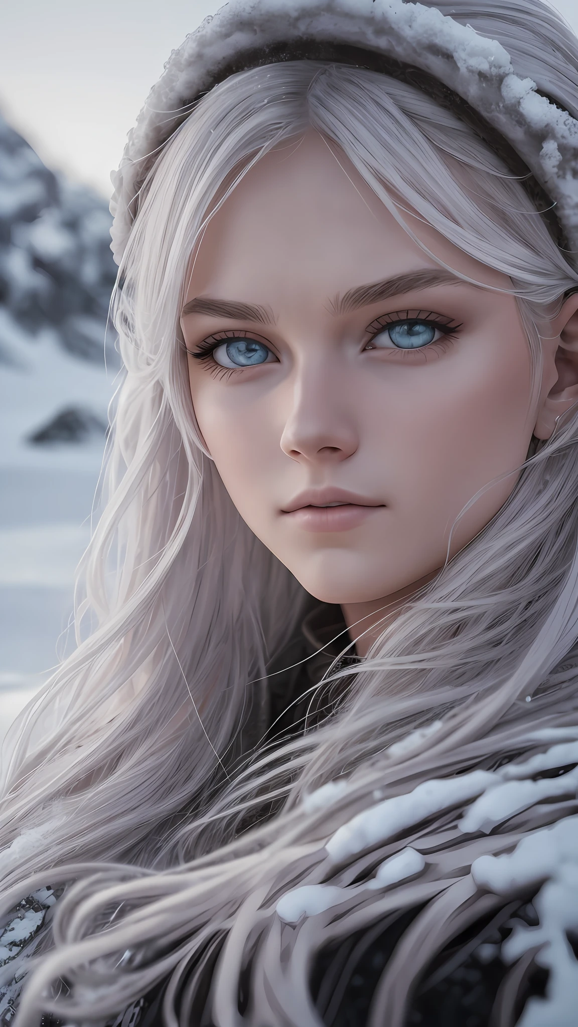 [full length portrait] [18-23 Years Old nordic female fashion model] [dressed like a viking Warriors style] [Bored expression on face][Photo taken in a mountainous and snowy landscape] [type of illumination: natural lighting], extremely realistic, 8k, insane details, intricate details, beautifully color graded,Color Grading, Editorial Photography, Photography, Bokeh, taken with a 60mm lens, ISO 300, f/4, 1/200th --auto --s2