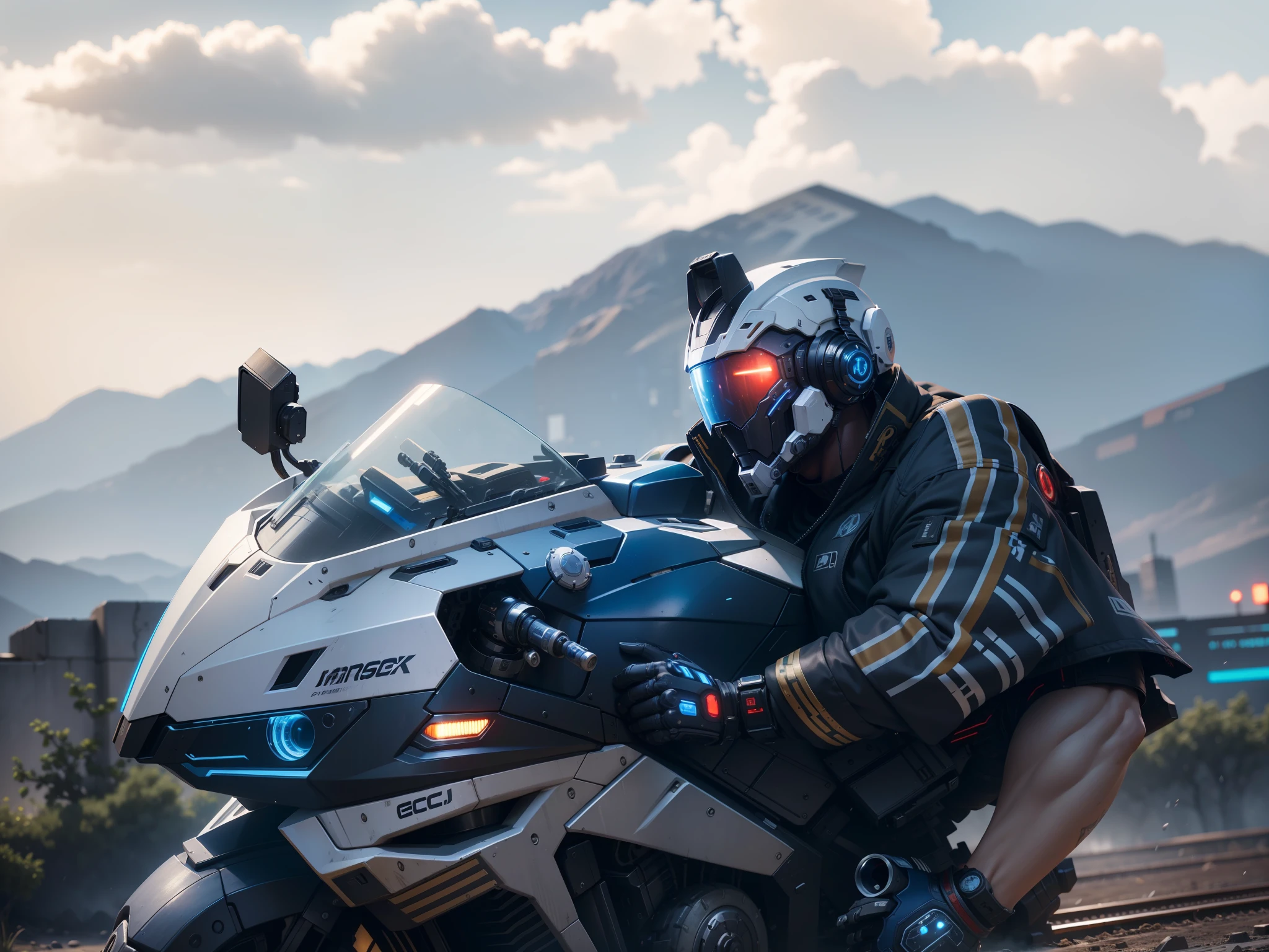 (Masterpiece: 1.2), Best Quality, High Score, Uniform 8k Wallpaper, (Illustration: 1.0), Beautiful Detailed, Very Detailed, Perfect Lighting, Very Detailed CG, Glowing Eyes, Backlight, Armor, Bust Mech, 1boy, Man, Strong, Tattoo on Leg, Warframe, Humanoid Robot, Helmet, Sample Background, Weapon, blue_armor, Looking at the Audience, Solo, Perspective, White and blue locomotives, black clothes, red light, shorts, strong muscles, cyberpunk,