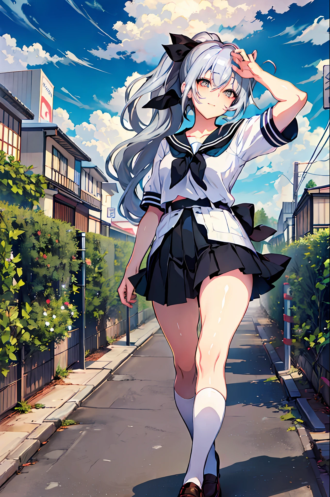 Top Quality, Ultra High Resolution, Cosplay Photo (Photorealistic: 1.4)
(1 girl in Japan), schoolgirl, idol,
((ponytail)), gray hair ribbon, floating hair 
big eyes, light smile, 
Sailor uniform school uniform, black skirt, pleated skirt, ((sailor color)), white shirt, short sleeves, black tie, floating skirt, black thigh high high socks,
garden background, sunlight, wind,