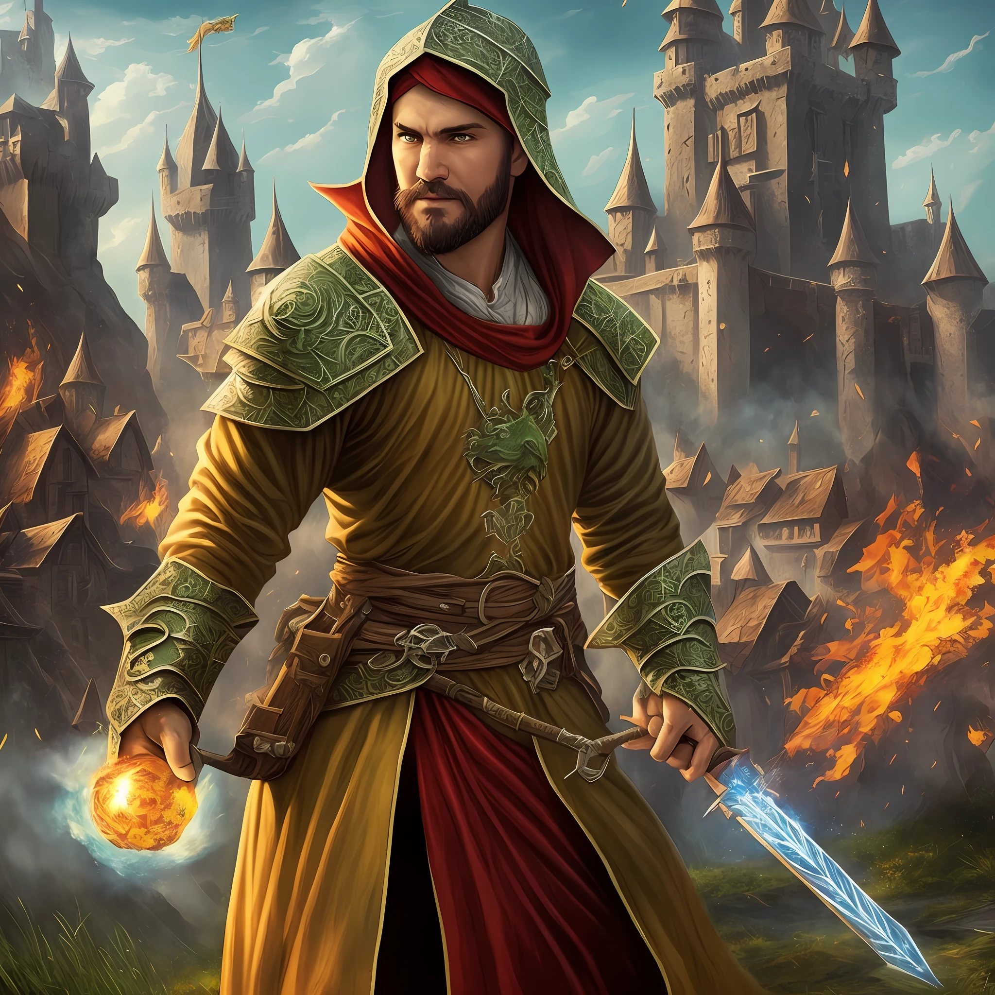 mage, fireball in hand, green dragon in background, medieval, medieval war, castle, realistic, rpg --auto --s2