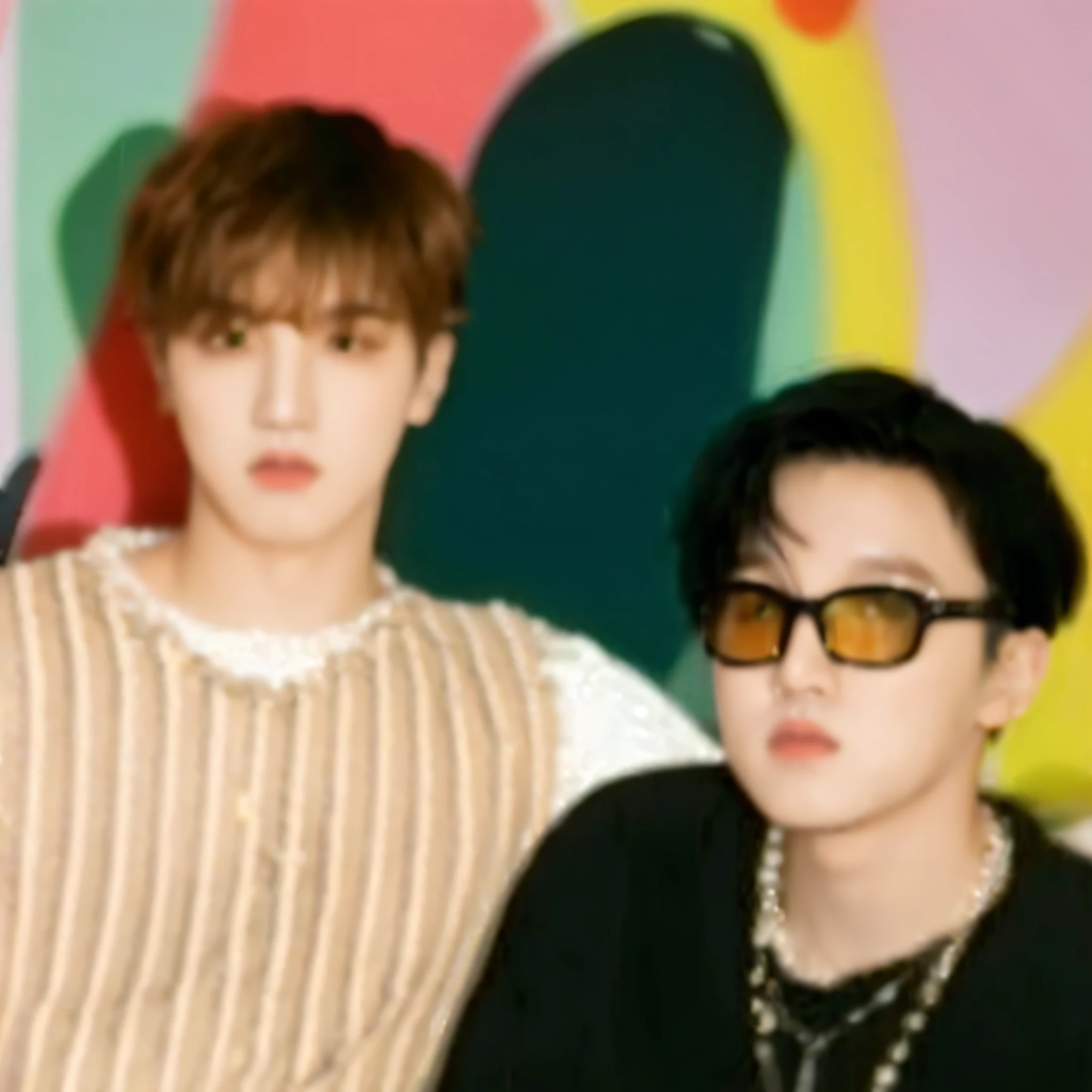two young men standing next to each other in front of a colorful wall, photo”, daoshi, black haired yoongi, all from the group nct, gunwoo kim and j.dickenson, trending photo, profile pic, hyung tae, choi, hsiao-ron, park jimin, ryden, & jeehyung lee & wlop, taejune kim