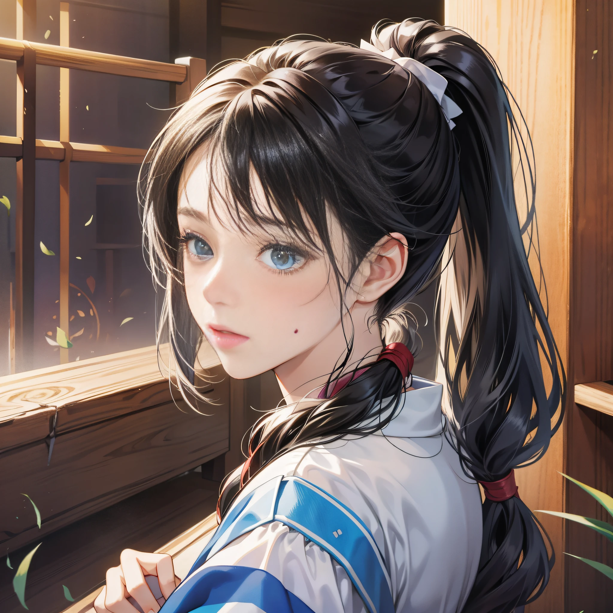 Single ponytail, black hair, royal sister, cute, water-stained, slightly red face,