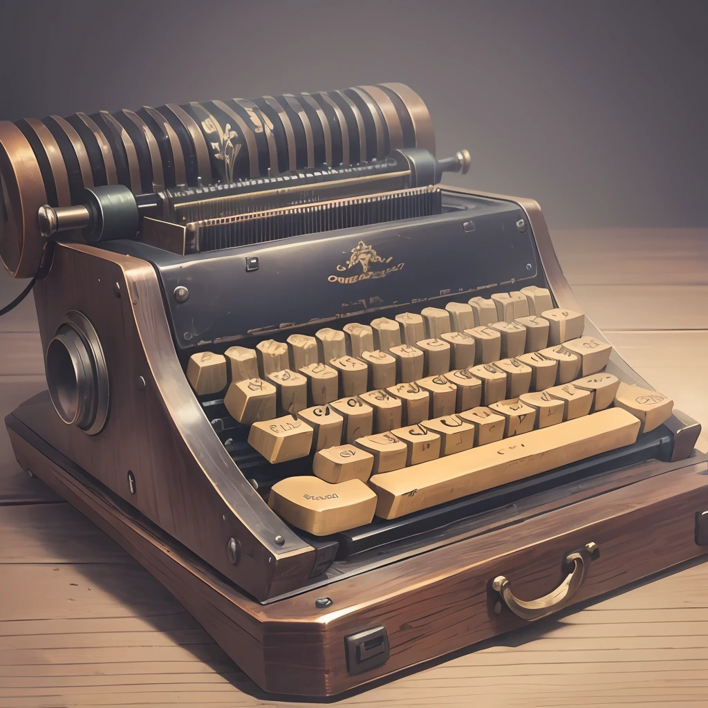Antique typing machine from the 1976s on a brown and platinum background, retro futurism
