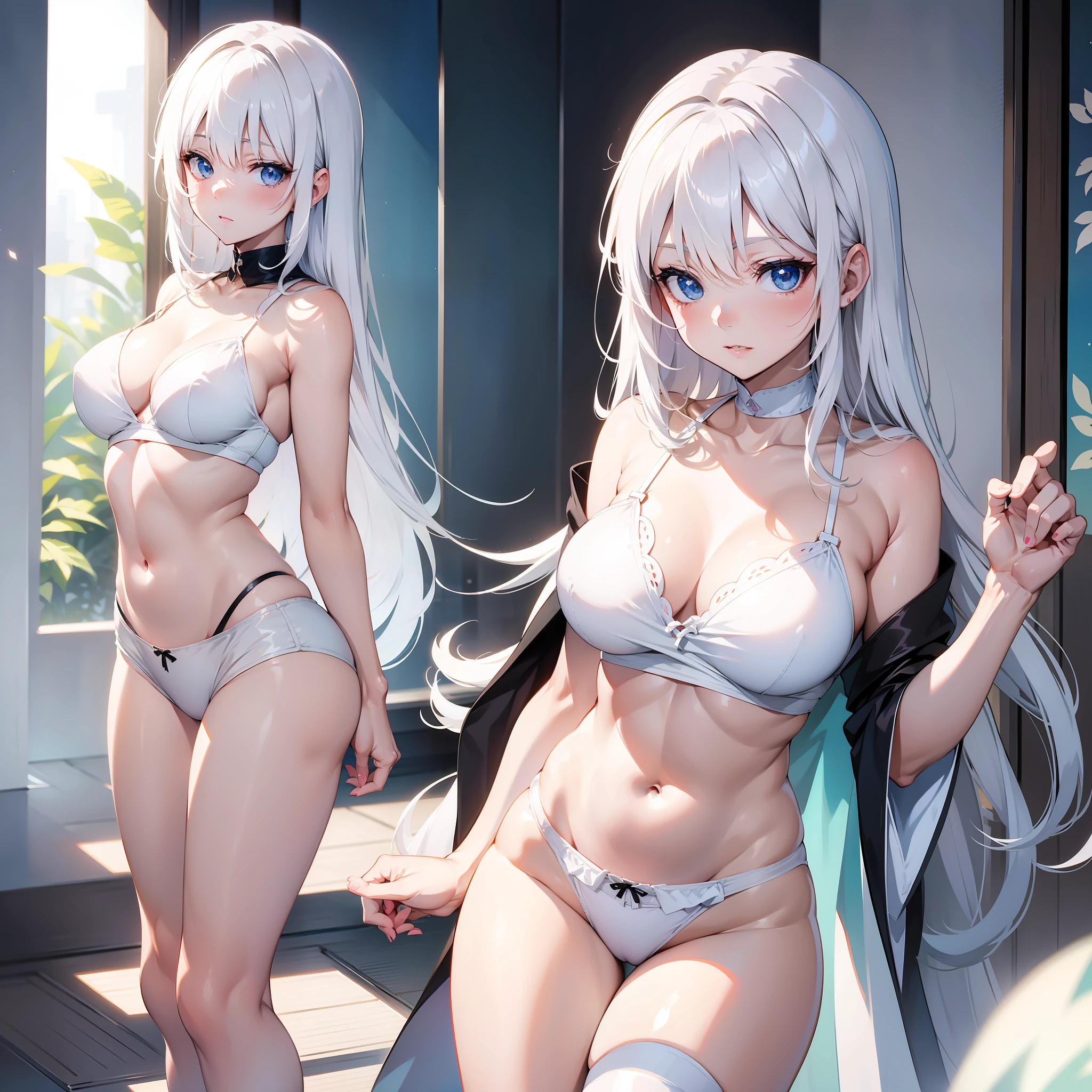 White-haired girl panties leg open sexy delicate style glossy Japanese anime