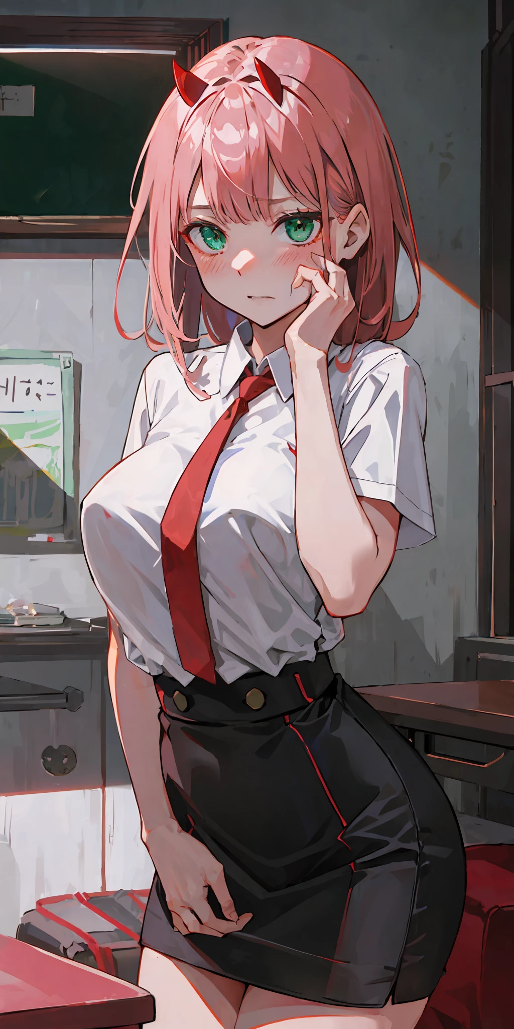 zero two \(darling in franxx\), darling in franxx, 1girl, bangs, bite, shadow, long hair, small breasts, large thighs, white shirt, black skirt, green eyes, makeup, shy, blushing, pair of small red horns, pink hair, red eyeshadow, soil, sunshine, classroom