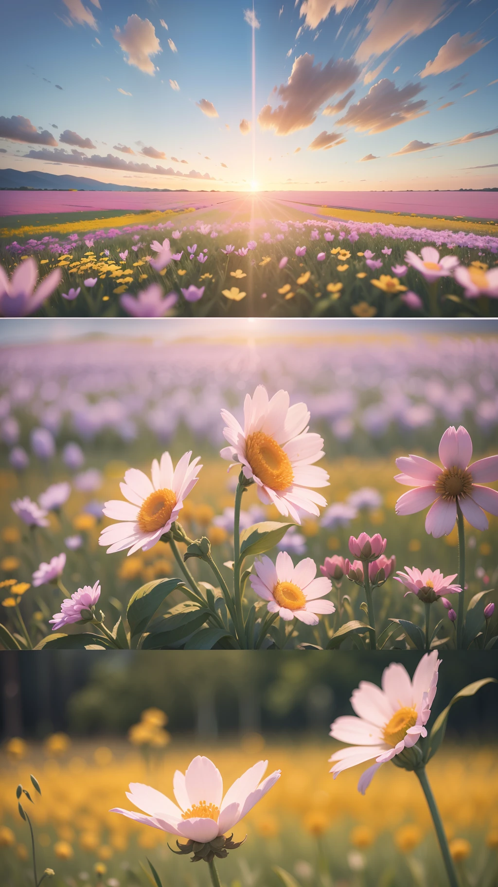 Create a captivating 4K 9:16 image of a field of colorful flowers in the middle of spring. The flowers should be depicted in crisp and vibrant detail, with a gentle breeze that makes the petals dance. The sky should be clear and convey a sense of serenity and hope.