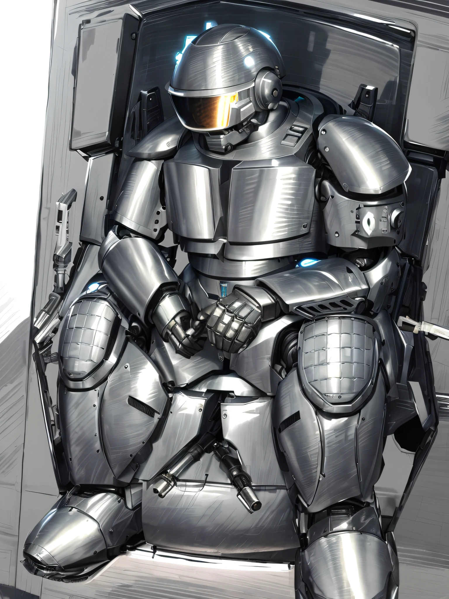 arafed robot sitting in a chair with a helmet, covered in full metal armor, wears a power armor suit, thick armor, mecha suit, steel armor, full silver armor covered, heavily armored, mech suit, heavily armored, steel armor, mechanized police infantry, wearing full metal armor, armored, heavy armor, mecha plate armor, realistic, Daft Punk, Cyberpunk --auto --s2