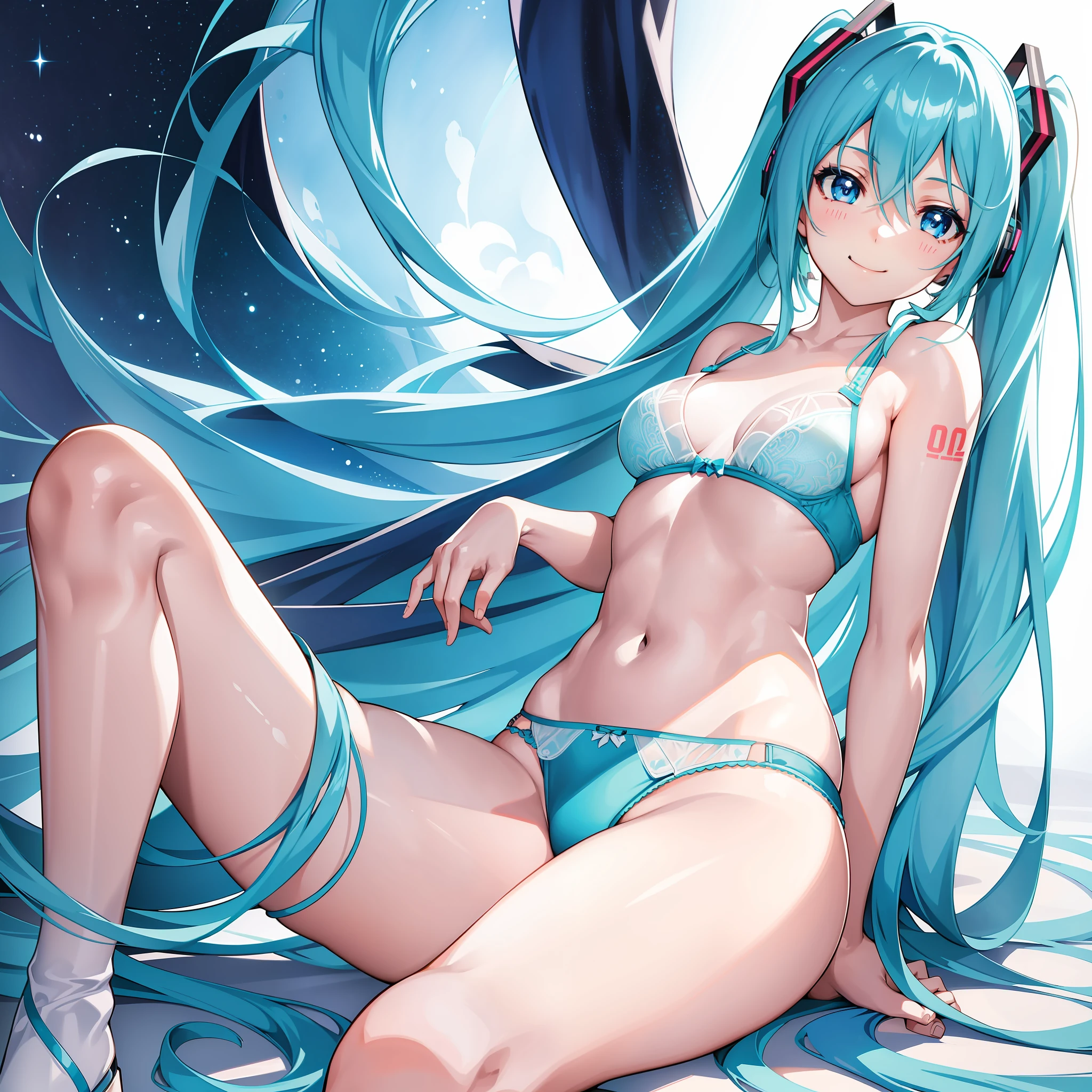 One Girl, (Solo: 2.0), Photorealistic, Ultra Fine Illustration, Beautiful Charming Anime Girl, Super Detail, Smile, Beautiful Blue Eyes, Beautiful Proportions, Hatsune Miku, Slender, Gentle Look, Seductive Anime Girl, Non-Glossy Skin, See-Through Underwear, White Tone,