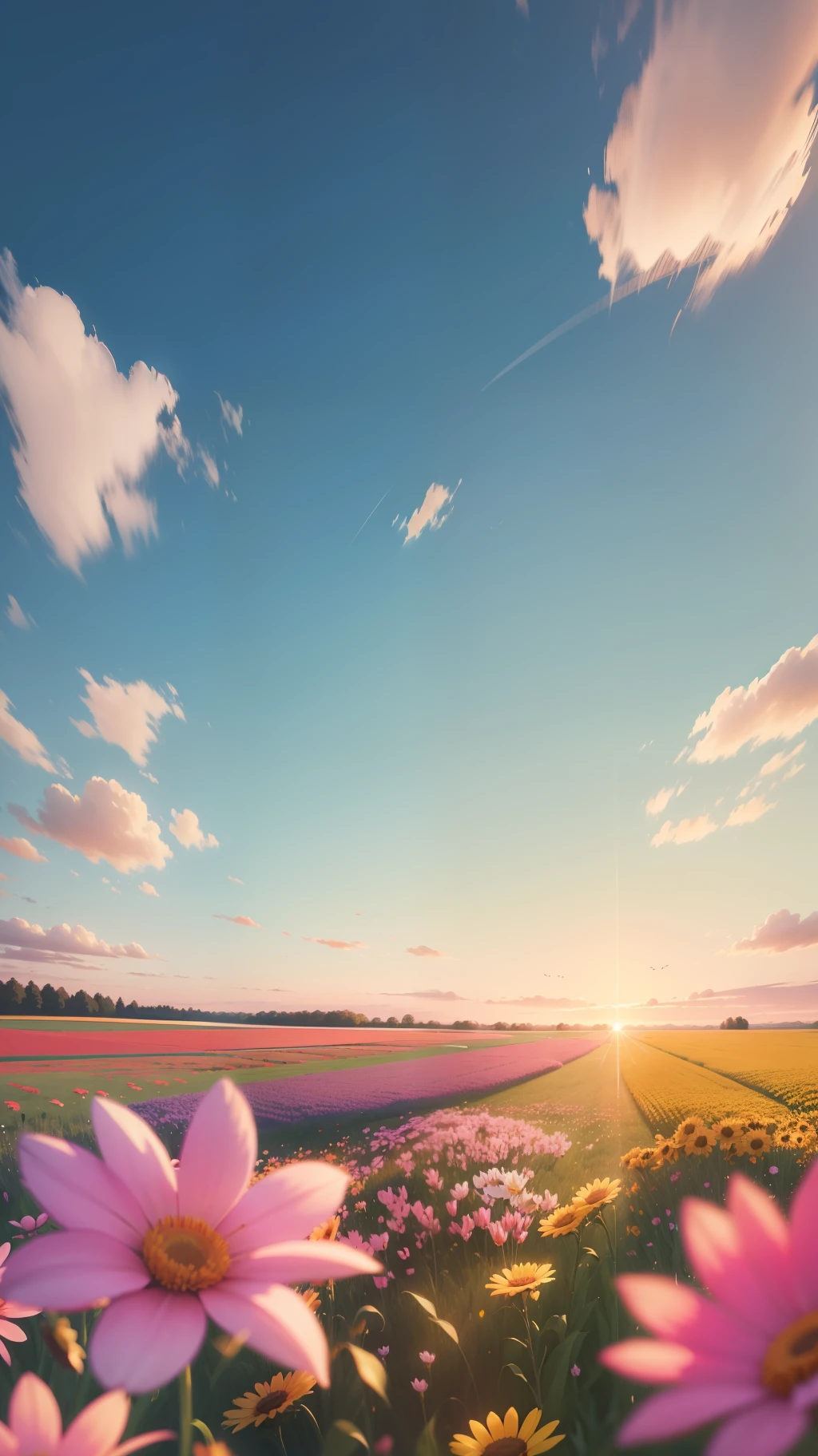 Create a captivating 4K 9:16 image of a field of colorful flowers in the middle of spring. The flowers should be depicted in crisp and vibrant detail, with a gentle breeze that makes the petals dance. The sky should be clear and convey a sense of serenity and hope.
