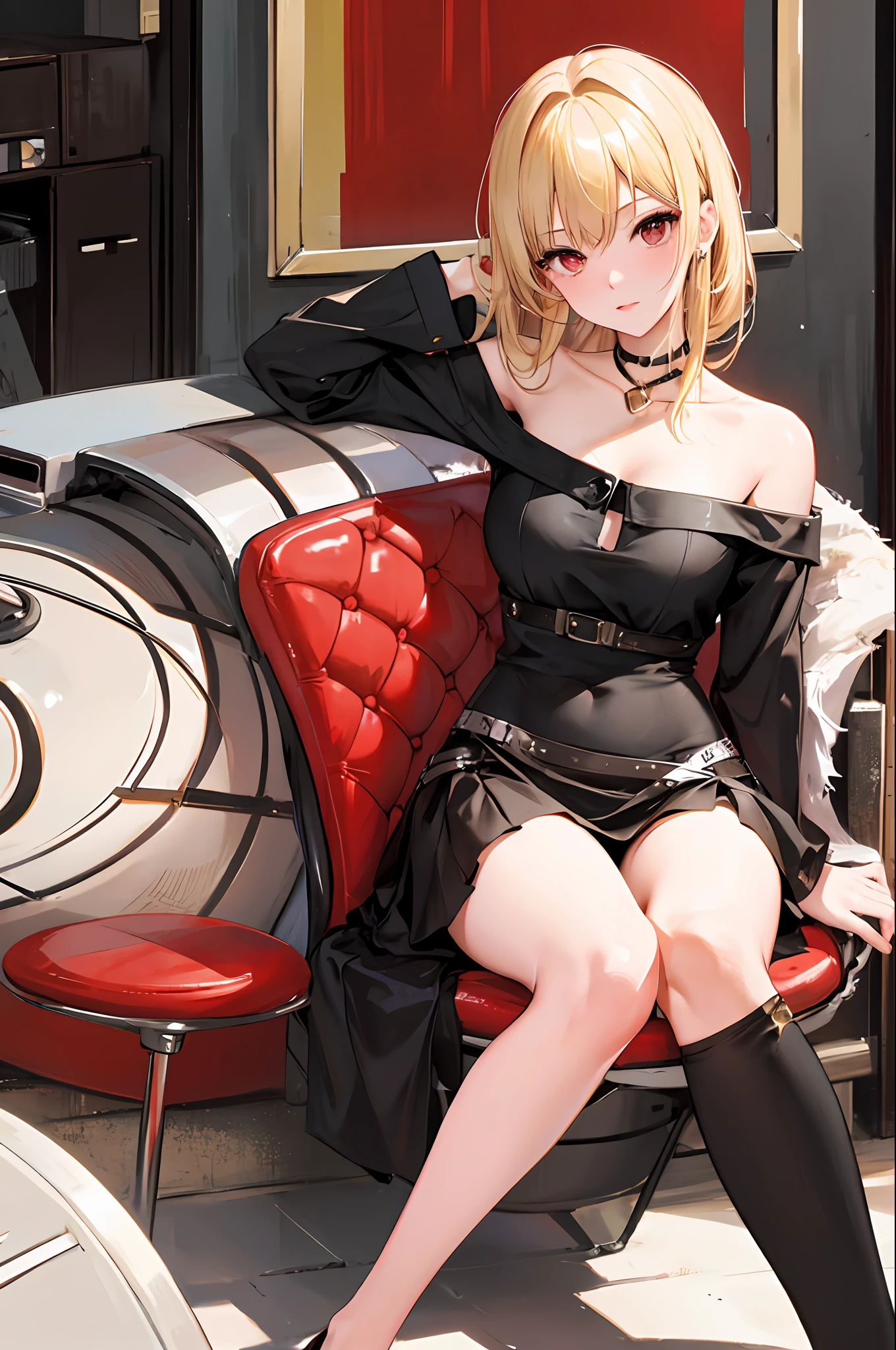 blonde, red eyes, girl alone, off-shoulder, sitting, sexy, mini skirt