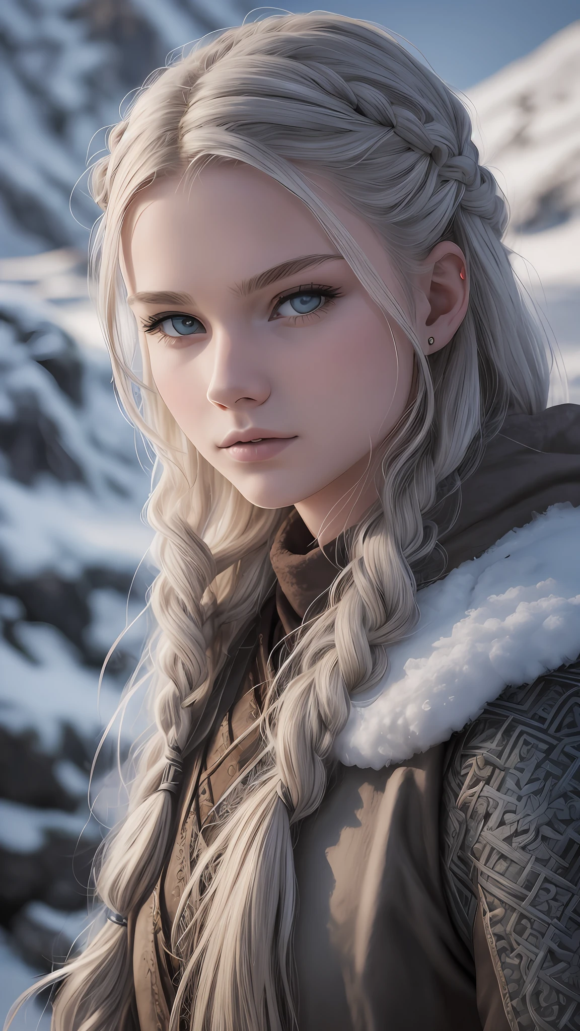 [full length portrait] [18-23 Years Old nordic female fashion model] [dressed like a viking Warriors style] [Bored expression on face][Photo taken in a mountainous and snowy landscape] [type of illumination: natural lighting], extremely realistic, 8k, insane details, intricate details, beautifully color graded,Color Grading, Editorial Photography, Photography, Bokeh, taken with a 60mm lens, ISO 300, f/4, 1/200th --auto --s2