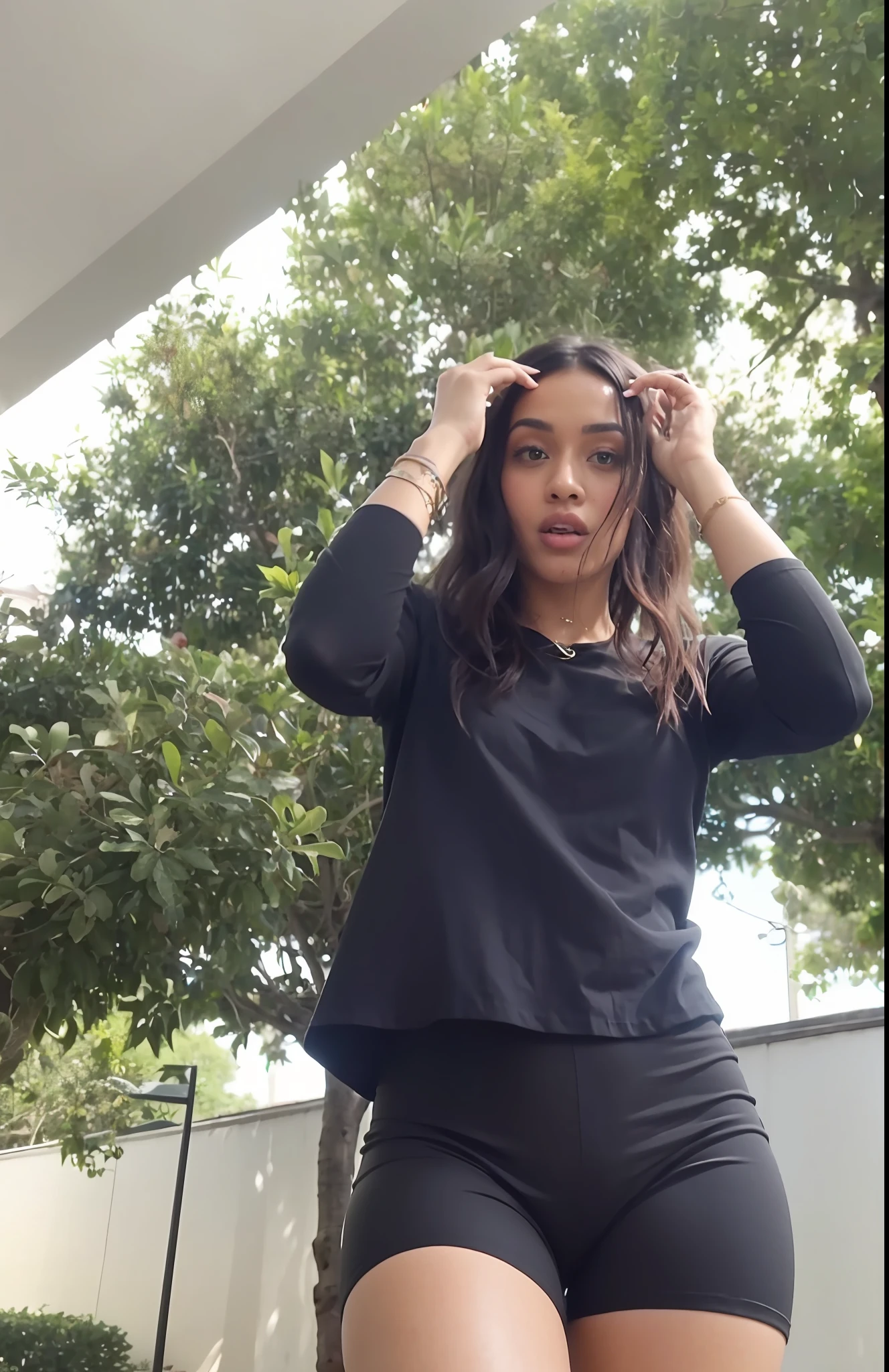 A closeup of a woman in a short black shirt and shorts, an ahoge standing on her head, low-quality video, TikTok video, YouTube video screenshot, showing her face, she's facing the camera, striking a raunchy pose, low-quality footage, video still, blunt bangs fall on her forehead,  Cardi B, front pose, extremely hot and sexy outfit, tight, thick thighs