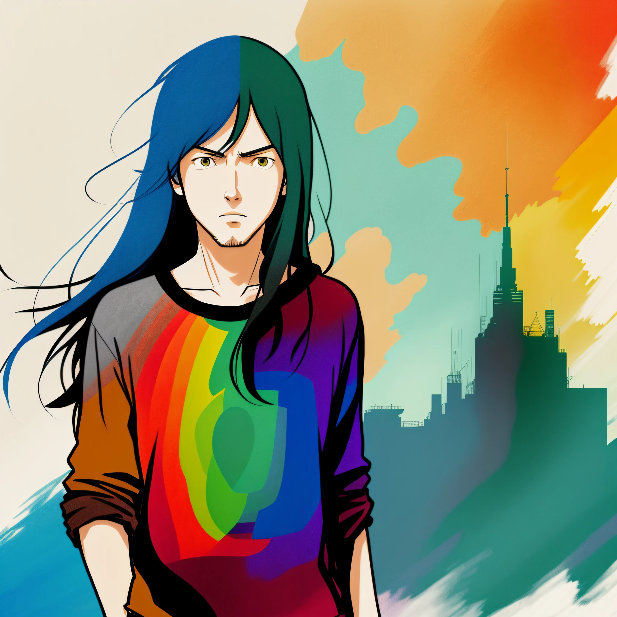 colorful photography of a David Gilmour, shoujo manga style , Beautiful colors, pencil sketches, Vector illustration, Cel shaded, Flat, 2D, style of dan matutina, In the style of studio ghibli, Art by Hiroshi Saitō, bold lines, Bold the drawing lines, Amazing details, One character