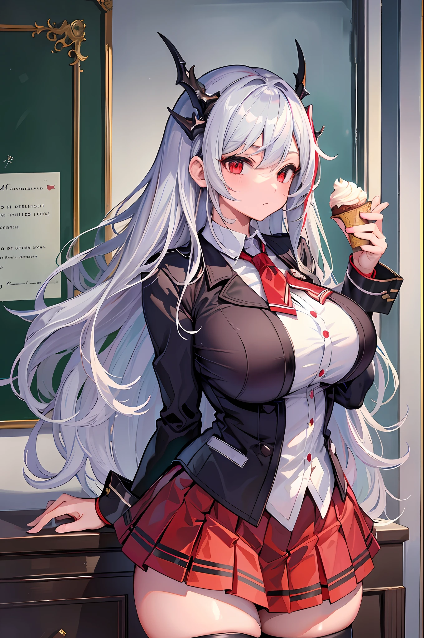 masterpiece, best quality, high_resolution, fine details, very detailed and beautiful, distinct_image, 1 girl, solo, silver hair, red eyes, dragon horns, (huge), (),curvy,school uniform,summer,thighhigh,ice cream,