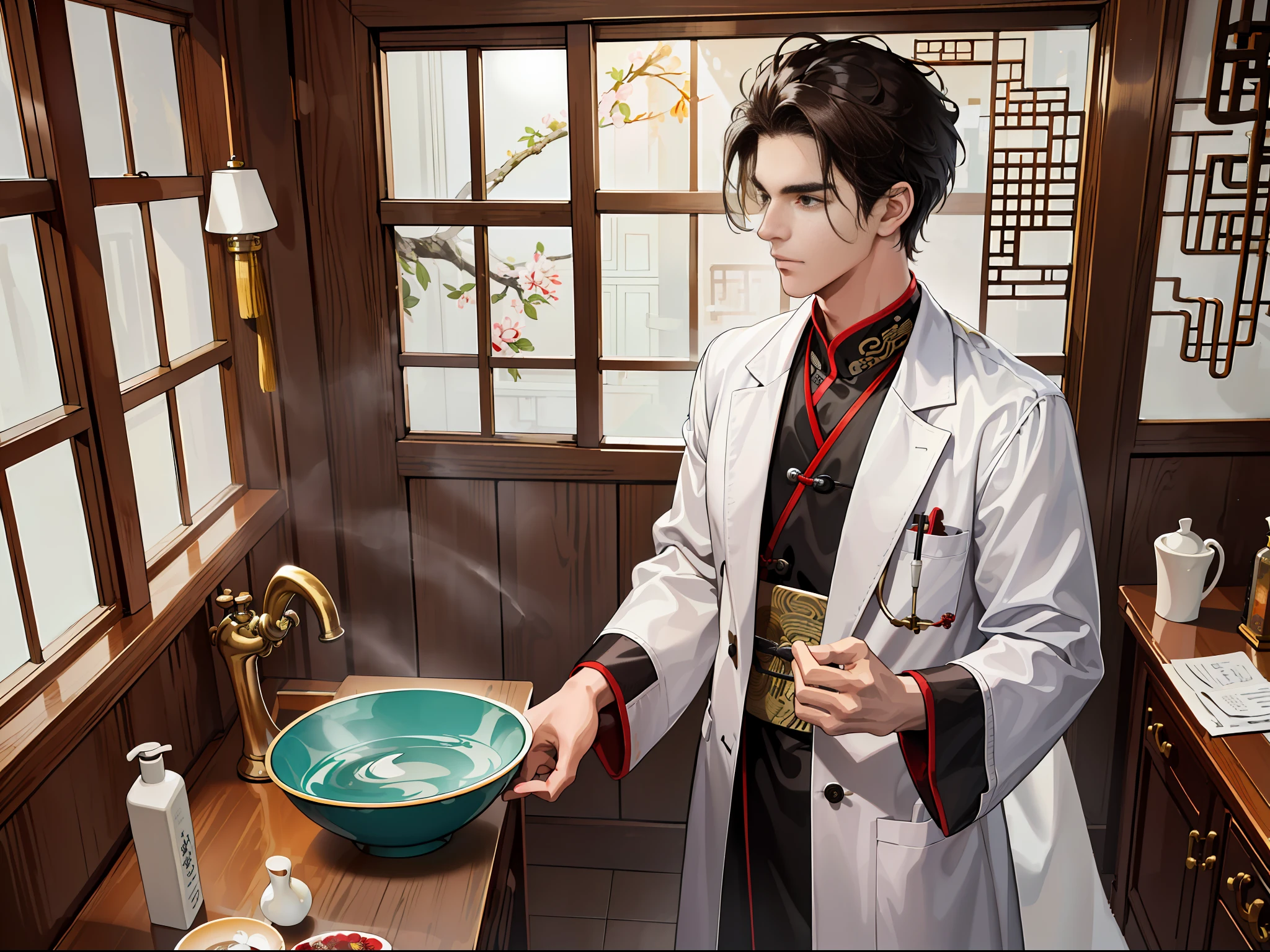 (ridiculous, high resolution, super detailed, realistic,), 1 male, soloist, 20 years old, tangled expression, carrying a basin of hot water, large basin, tall, extremely short hair, black hair, brown eyes, thick eyebrows, hospital room, doctor, white robe, white coat, room, ancient Chinese decoration style room, ancient Chinese style furniture