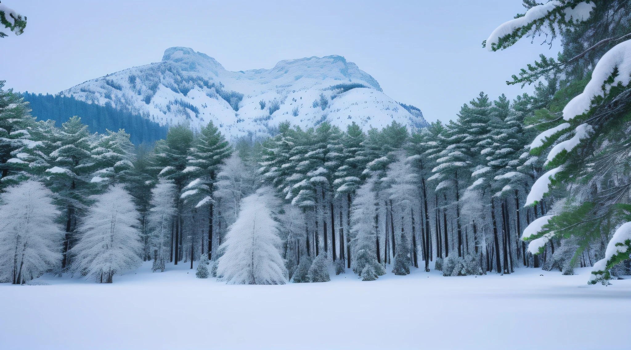 snowy trees in a forest with a mountain in the background, snowy forest, snow forest, lush winter forest landscape, winter forest, beautiful snowy landscape, snowy environment, in a snowy forest setting, beautiful winter area, fir forest, coniferous forest, snowy trees, a snowy day in the forest, mystic winter landscape, snowing in the forest, snowy winter