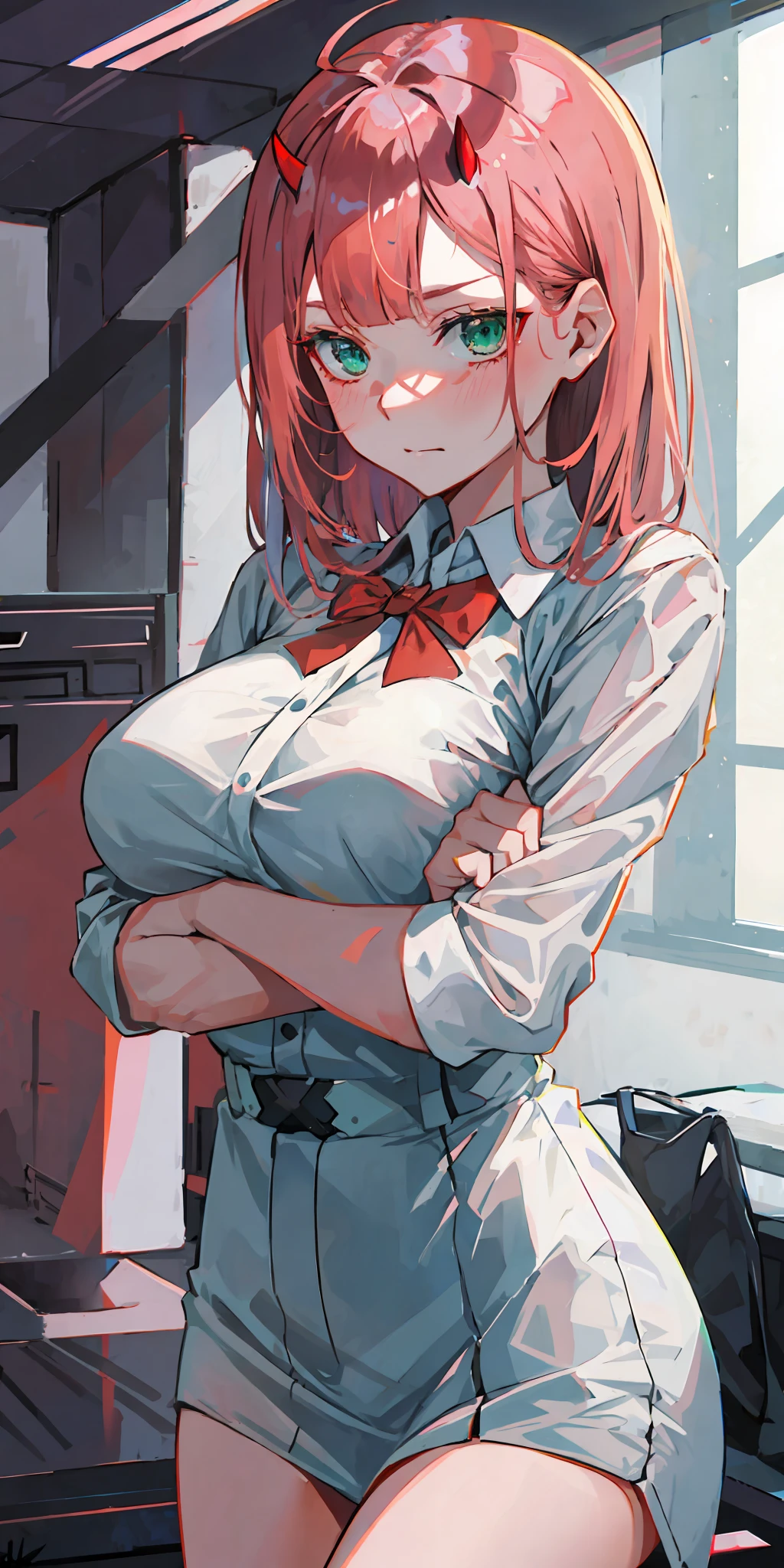 zero two \(darling in franxx\), darling in franxx, 1girl, bangs, bite, shadow, long hair, small breasts, large thighs, white shirt, black skirt, green eyes, makeup, shy, blushing, pair of small red horns, pink hair, red eyeshadow, soil, sunshine, classroom