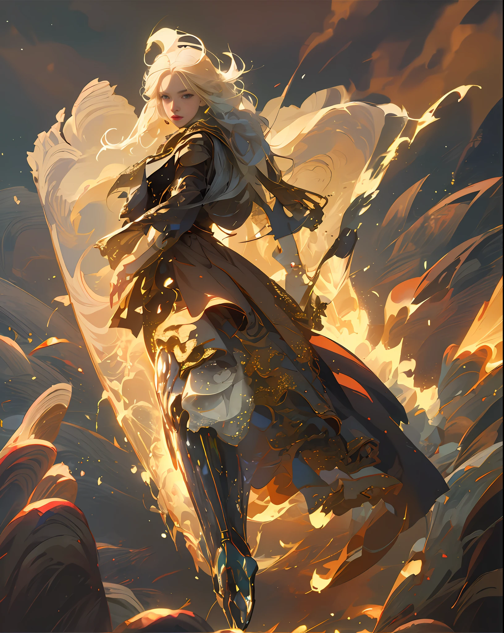 artwork of a pretty young woman, striking, artistic composition, emotional, active, motion, particles, backlit blonde hair,masterpiece,highest quality,1girl