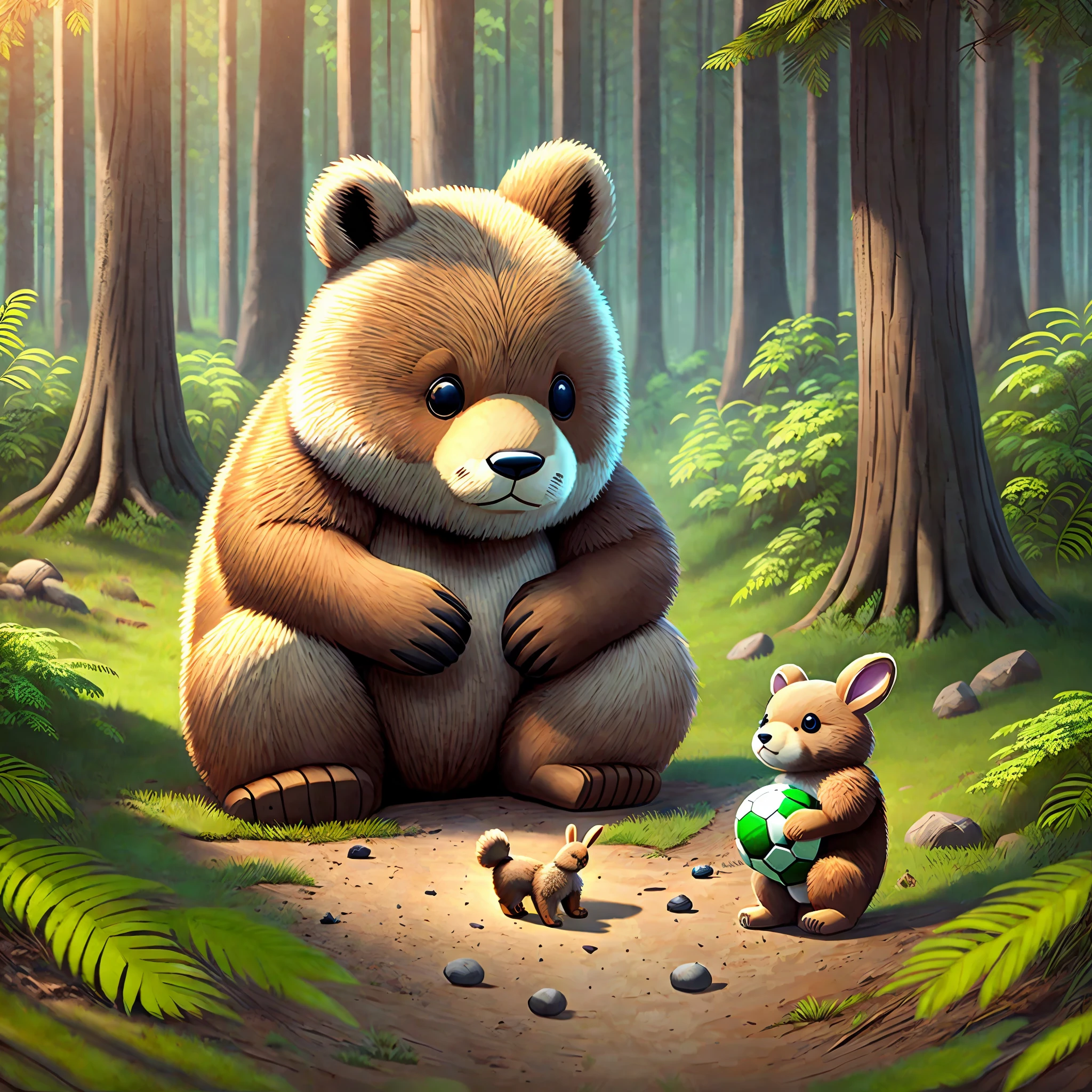 Create a scenario of a bear playing with a ball and a rabbit in the forest --auto --s2